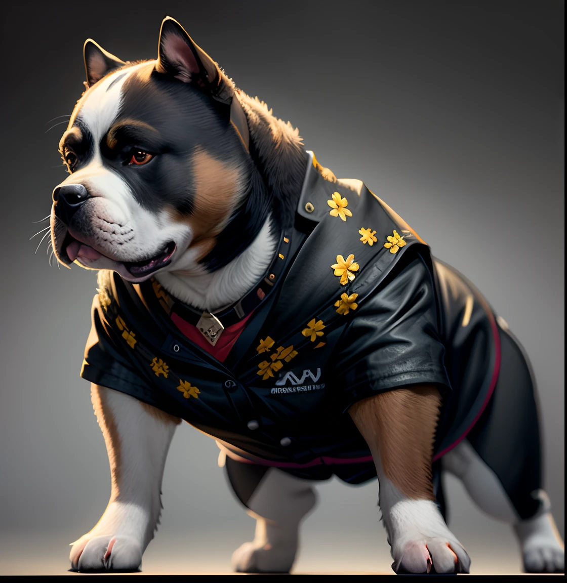 （（A bully dog in a black floral shirt and sunglasses）），shirt，cg，game，artstation style，pinterest，）full shot，anthropomorphic expressions, rich colors, exquisite details, masterpiece, realistic，artsation, cg, realistic, Unreal Engine , real light and shadow, beautiful rich colors, amazing details, high quality，a pair of ears
