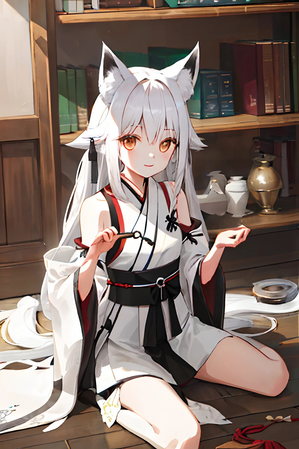 masterpiece,best,quality,fox,attic,white hair,long hair,hanfu,charm,Bare shoulders