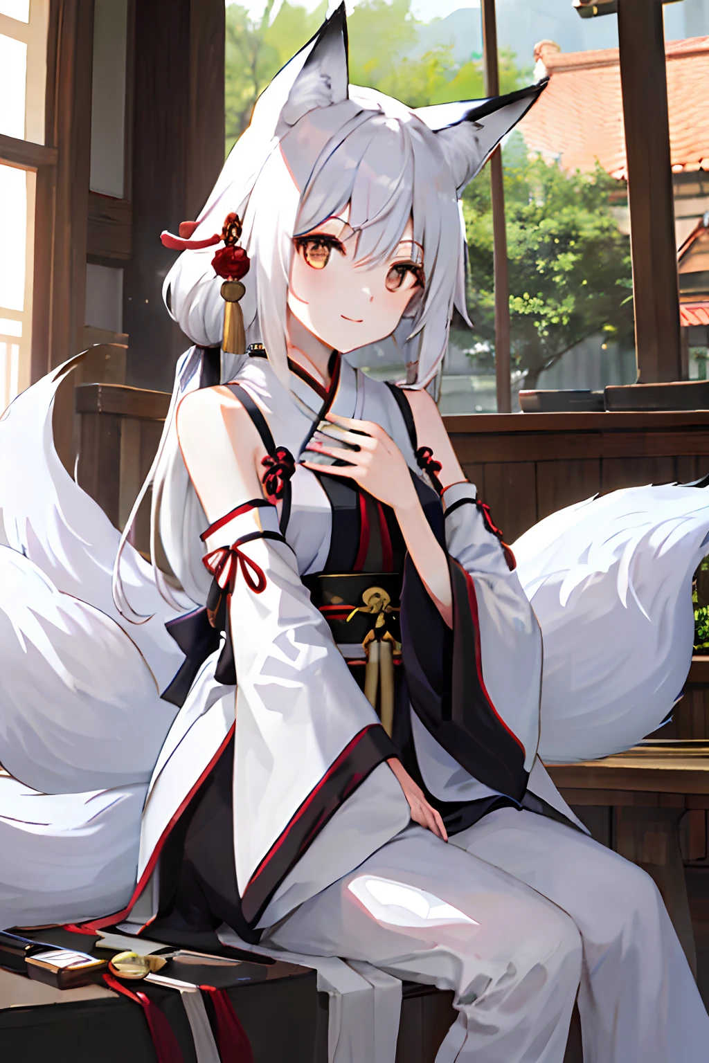 masterpiece,best,quality,fox,attic,white hair,long hair,hanfu,charm,Bare shoulders
