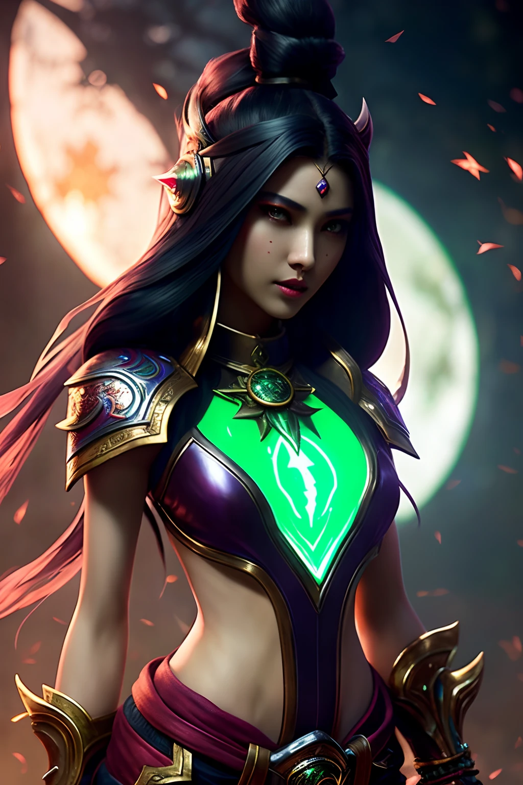 Highly detailed RAW color Photo, highly detailed, concept art, smooth, sharp focus, dramatic lighting, highly detailed artwork, cinematic, hyper realistic painting, trending on Artstation, 8K, incredible shadows, realistic, (highly detailed background:1.2), art by midjourney ((masterpiece)), (detailed), beautiful Asian girl, age 20, (((Akali in league of legends))), (cosmic),assassin, glare, shiny hair, (green glowing hair), black silk eye patch covering eyes, Ambilight Cloth, blood red sky, Dark night, blood red moon, starry sky,Red eyes shadow, indifferent expression, black nails, dual wielding sickles with will-o'-the-wisps
barely legal, sexy pose, magical atmosphere,(full body), (detailed skin, skin texture), (intricately detailed, fine details, hyperdetailed)
High detail RAW color art, photorealistic, ,raytracing, subsurface scattering, diffused soft lighting, shallow depth of field, by (Oliver Wetter), by Leonardo da Vinci, photographed on a Canon EOS R5, 28mm lens, F/2.8, sharp focus bokeh