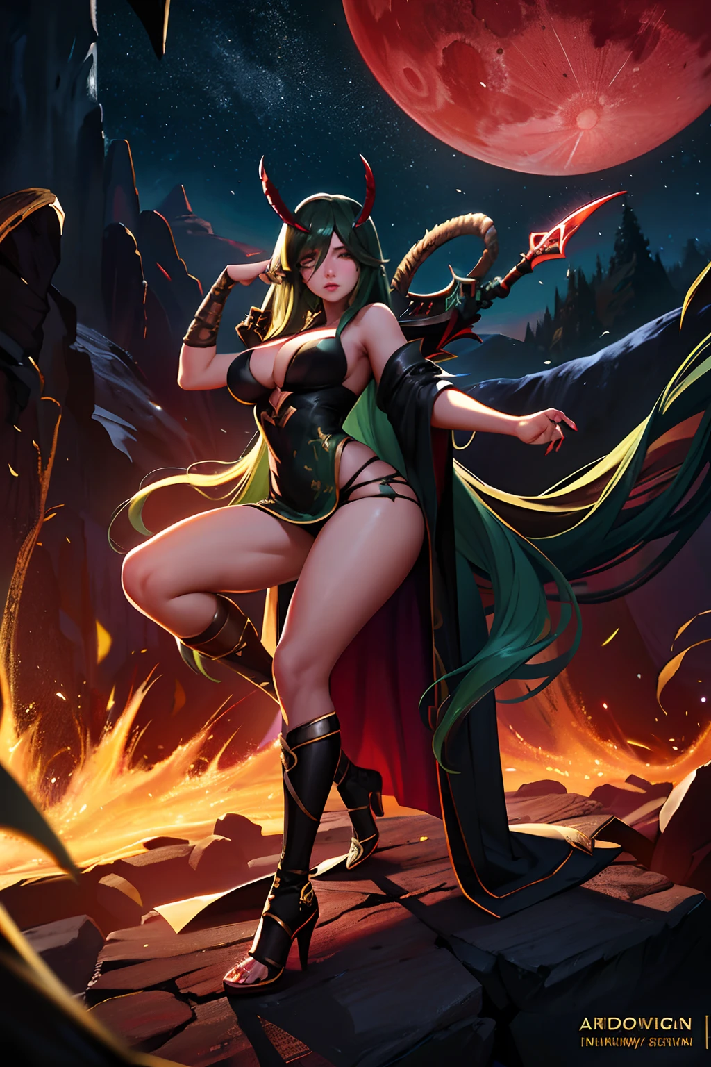 Highly detailed RAW color Photo, highly detailed, concept art, smooth, sharp focus, dramatic lighting, highly detailed artwork, cinematic, hyper realistic painting, trending on Artstation, 8K, incredible shadows, realistic, (highly detailed background:1.2), art by midjourney ((masterpiece)), (detailed), beautiful Asian girl, age 20, (((Akali in league of legends))), (cosmic),assassin, glare, shiny hair, (green glowing hair), black silk eye patch covering eyes, Ambilight Cloth, blood red sky, Dark night, blood red moon, starry sky,Red eyes shadow, indifferent expression, black nails, dual wielding sickles with will-o'-the-wisps, sexy pose, magical atmosphere,(full body), (detailed skin, skin texture), (intricately detailed, fine details, hyperdetailed) High detail RAW color art, photorealistic, ,raytracing, subsurface scattering, diffused soft lighting, shallow depth of field, photographed on a Canon EOS R5, 28mm lens, F/2.8, sharp focus bokeh