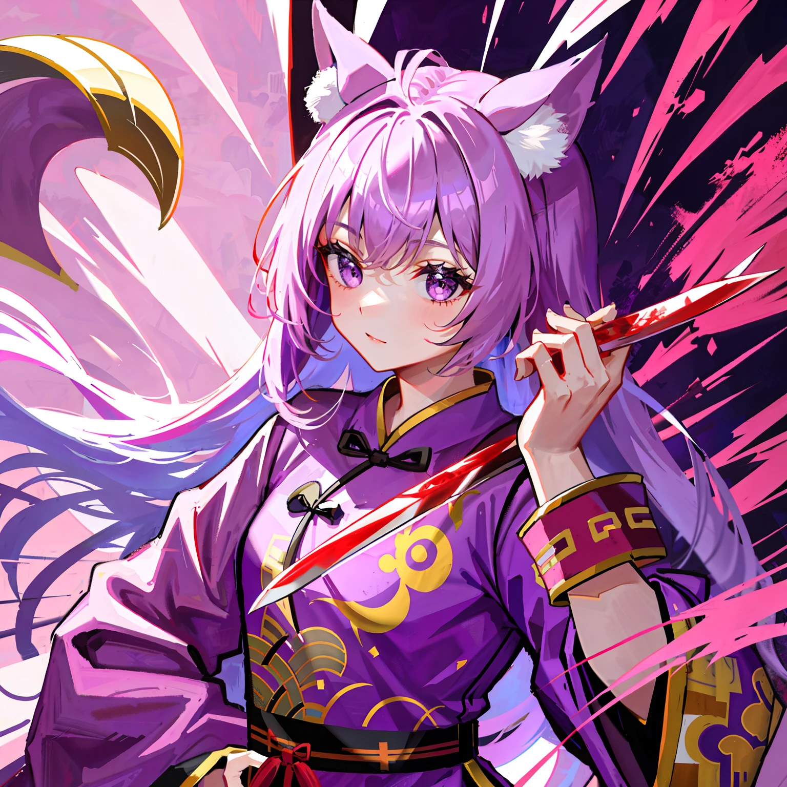 Girl, animal ears, purple, ((Chinese clothing)), holding a knife, blood
