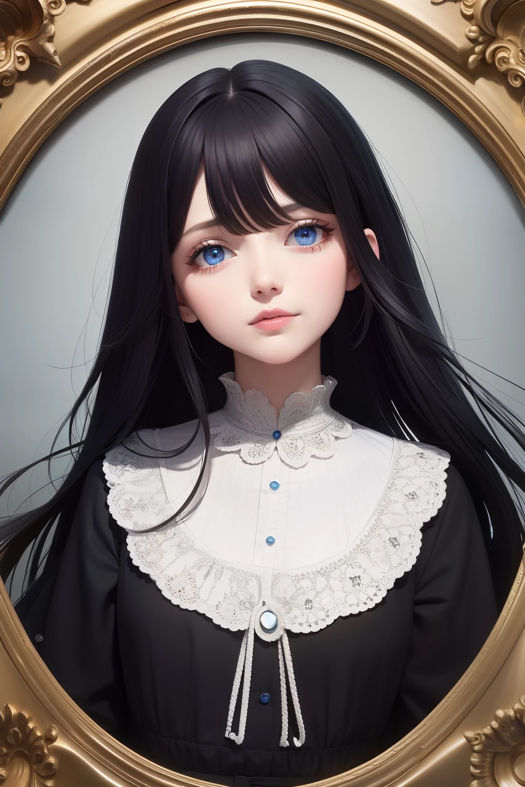 best quality, masterpiece,Black hair, blue eyes, looking up, upper body