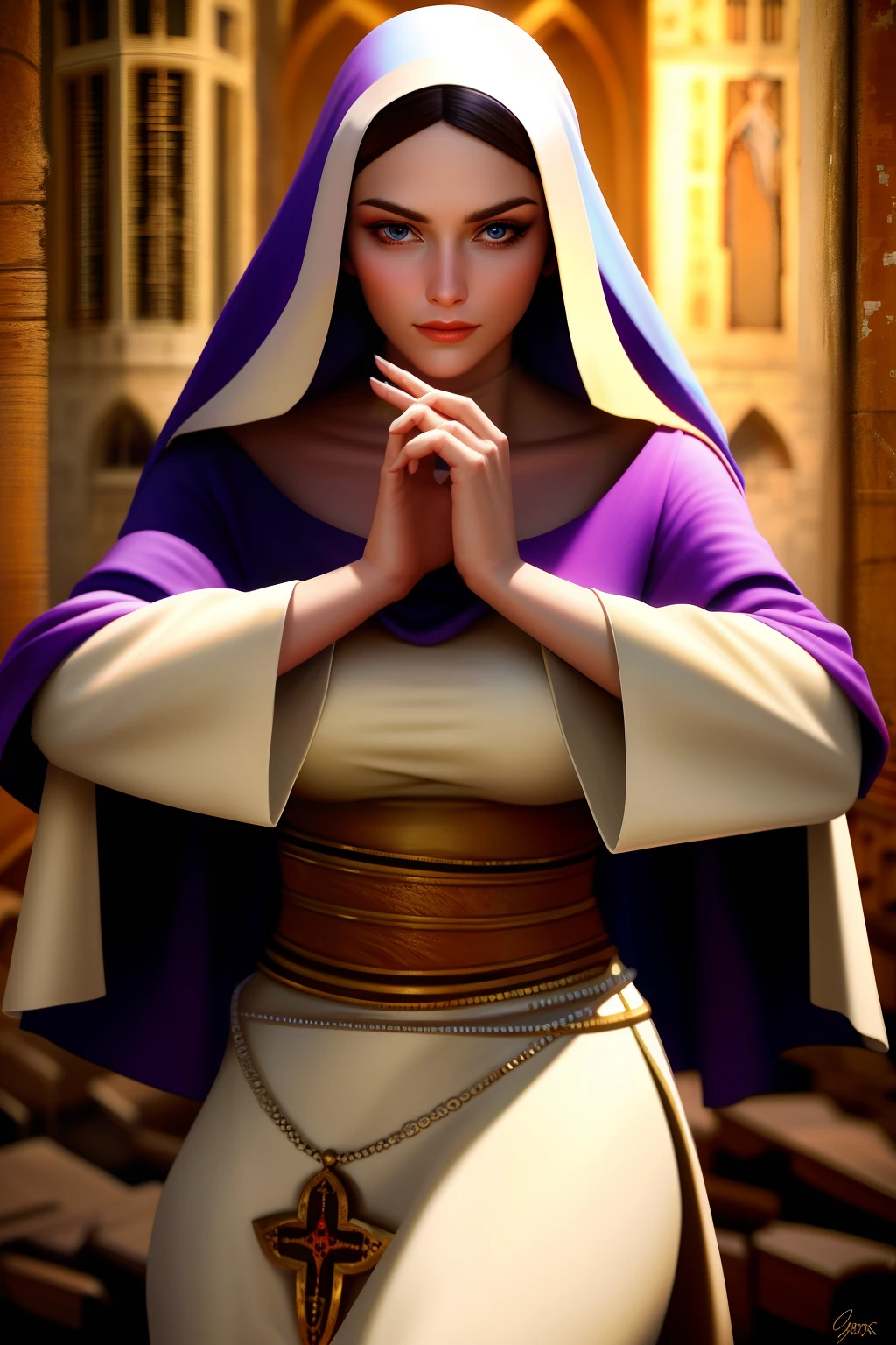 a woman in a robe standing in a abandoned church, detailed face, medieval, fantasy