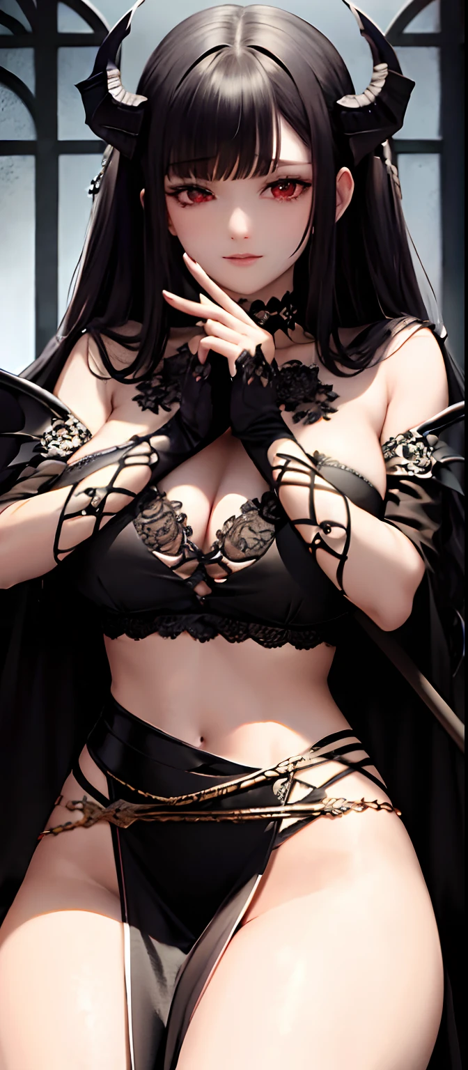 [monochrome:muted color:0.6] theme, (masterpiece), (best quality), (detailed), light layer, lustrous skin, (intricate detailed , taut clothes, , demon wings,hair ornament :1.2), from above, black hair, black choker, long hair, hime cut, blunt bangs, sidelocks, red eyes, holding quarterstaff,holding scythe,holding sword, (mature female:1.1), [uncensored, NSFW,, (lactation), side-ponytails BREAK (simple background:1.1),