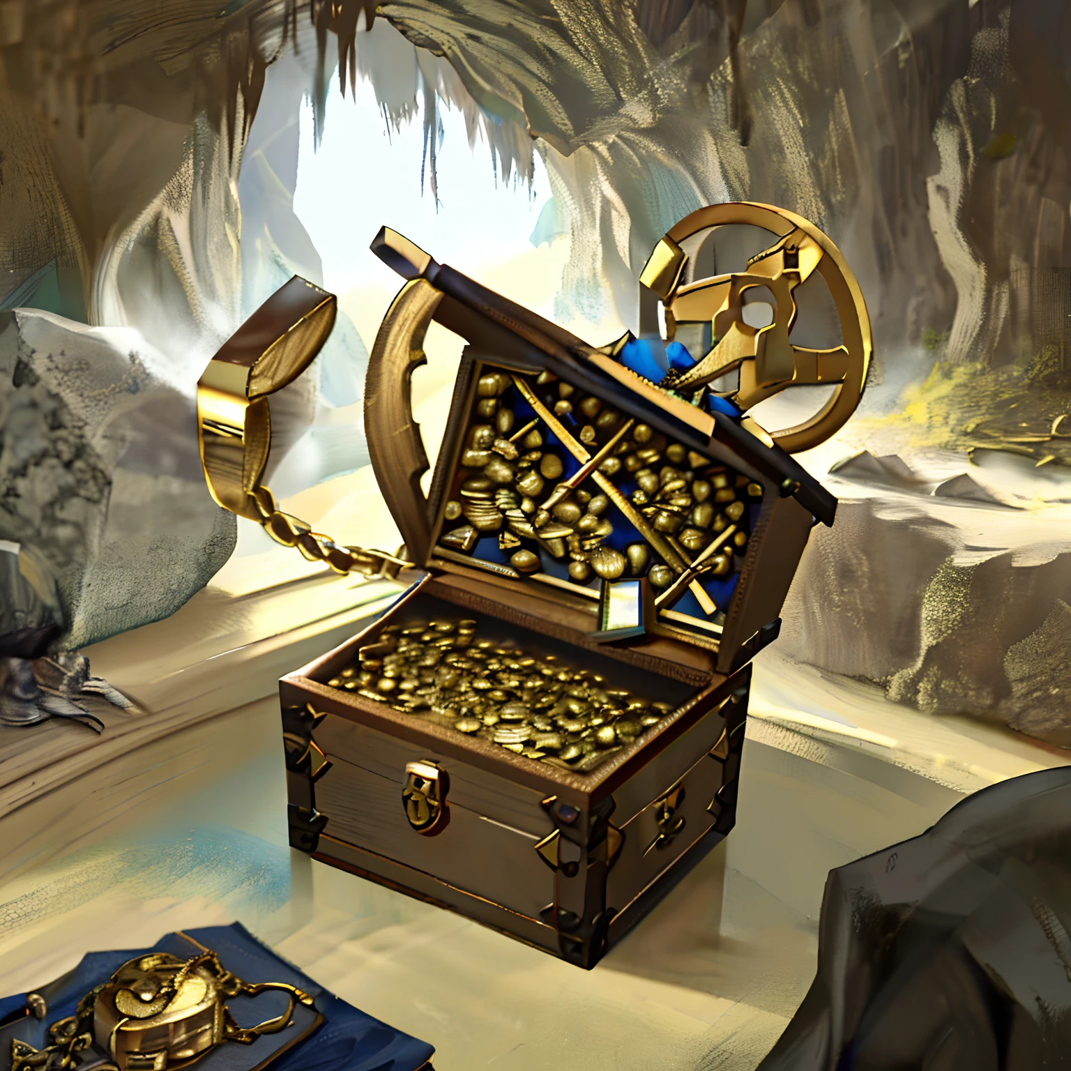 Gorky from nations of darkness opening a treasure chest full of gold pieces in a poorly lit cave