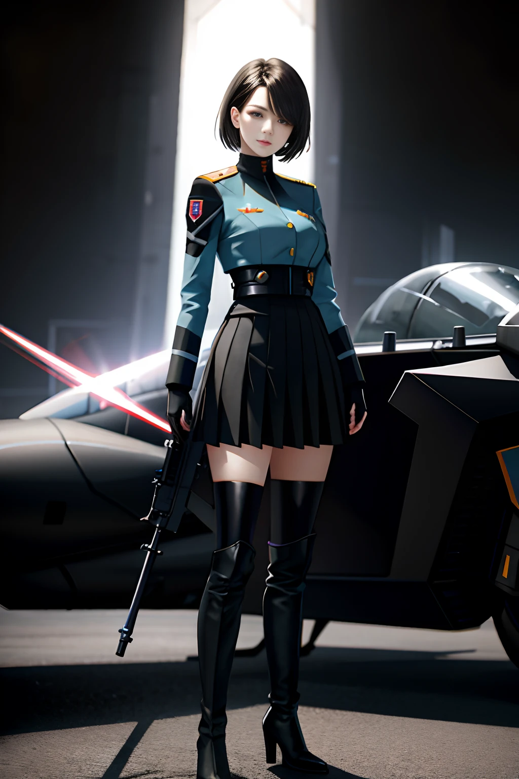 masterpiece, best quality, high quality, High definition, High quality texture, High quality shadow, high detail, Cinematic Light, sidelighting, Ray tracing, sharp focus, gundam,Woman, age 21, black shoulder-length short hair, black eyes, light blue military uniform, large chest, light blue pleated skirt to knee, black military boots to calf, futuristic sci-fi era background, standing in front of a fighter jet, daytime, full body, cg, HD quality