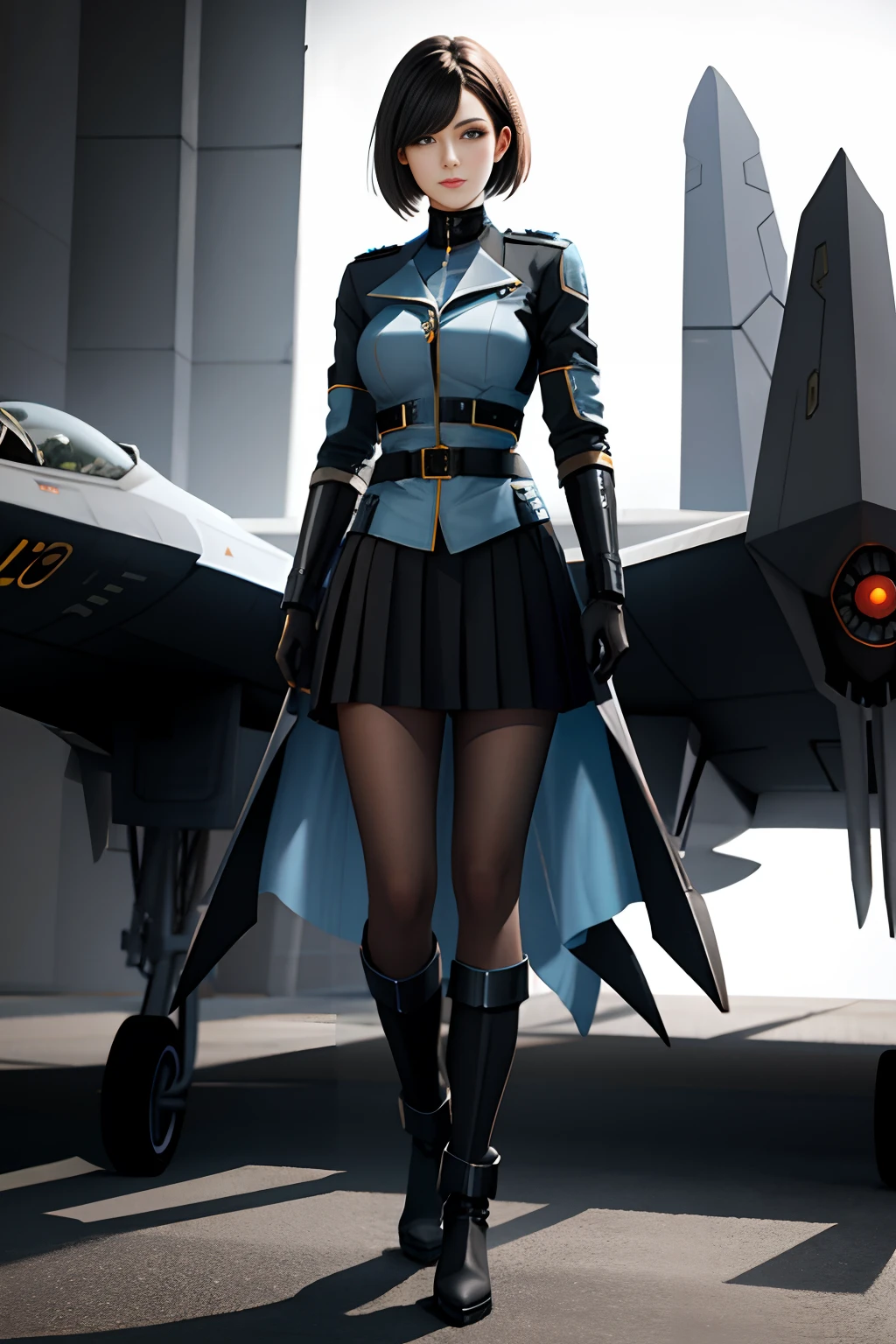 masterpiece, best quality, high quality, High definition, High quality texture, High quality shadow, high detail, Cinematic Light, sidelighting, Ray tracing, Woman, age 21, black shoulder-length short hair, black eyes, light blue military uniform, large chest, light blue pleated skirt to knee, black military boots to calf, futuristic sci-fi era background, standing in front of a fighter jet, daytime, full body, cg, HD quality