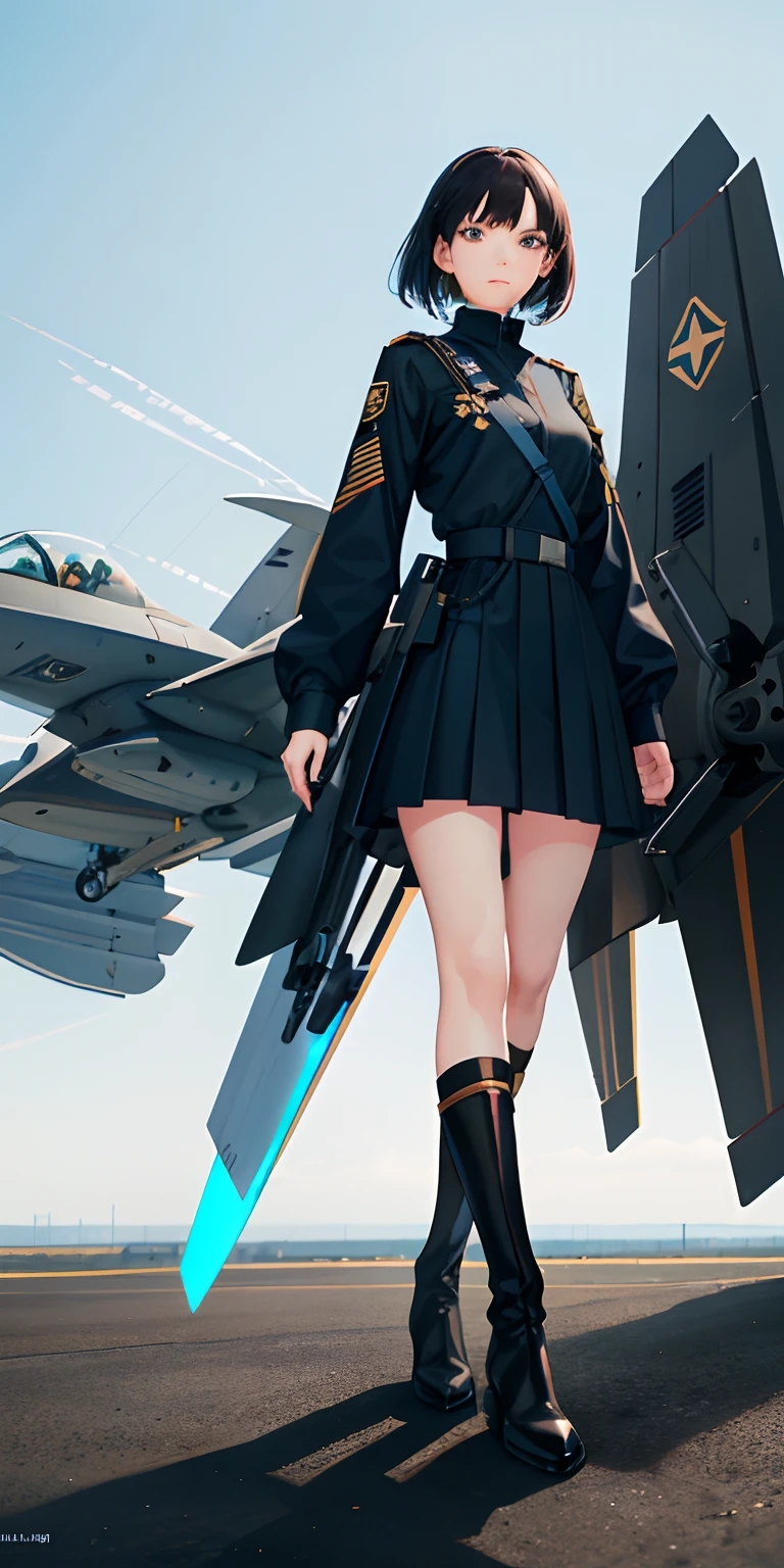 Woman, aged 21 years old, with black shoulder length short hair, black eyes, light blue military uniform, large chest, light blue pleated skirt to knee, black military boots to calf, background of future science fiction era, standing in front of a fighter jet during the day