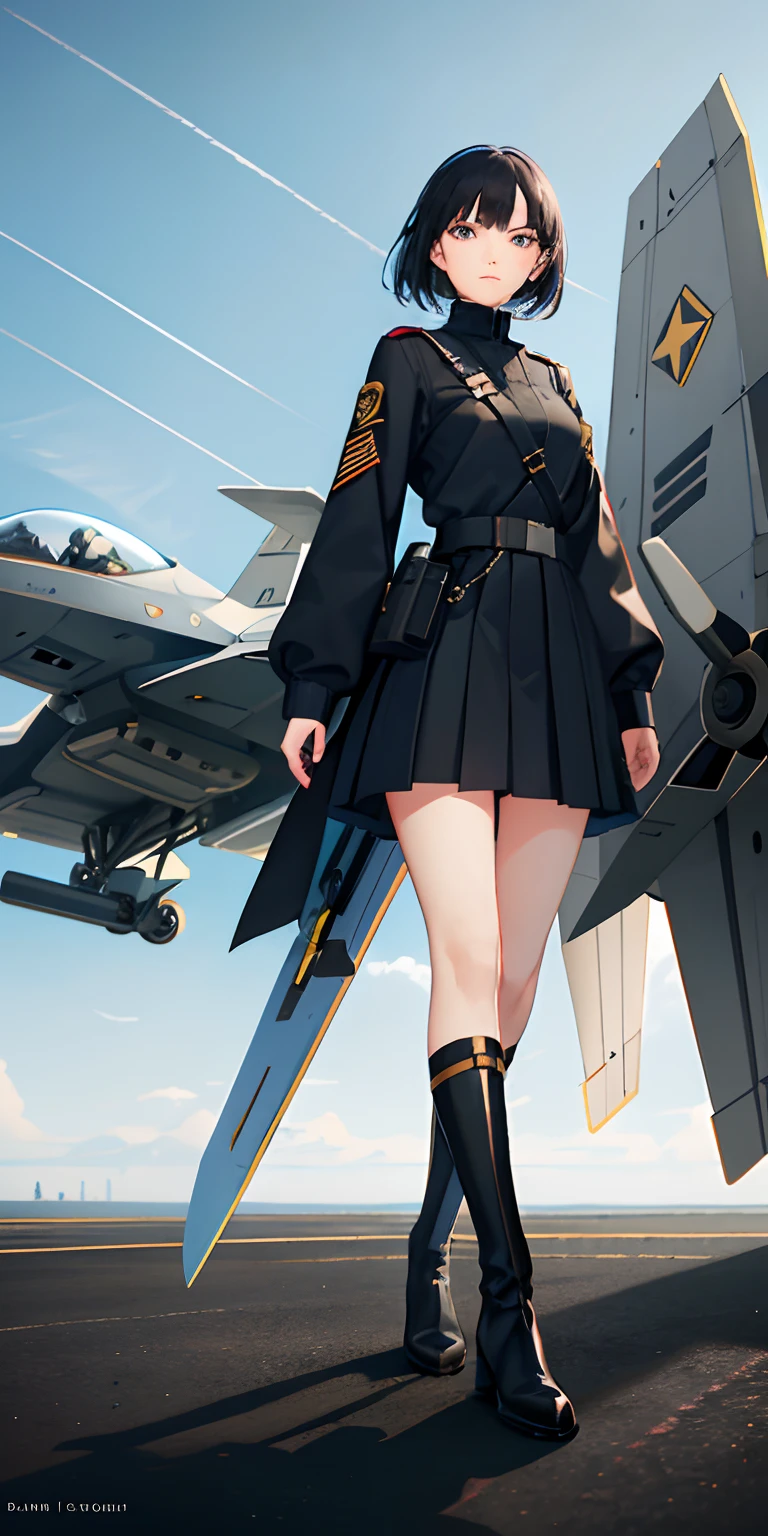 Woman, aged 21 years old, with black shoulder length short hair, black eyes, light blue military uniform, large chest, light blue pleated skirt to knee, black military boots to calf, background of future science fiction era, standing in front of a fighter jet during the day