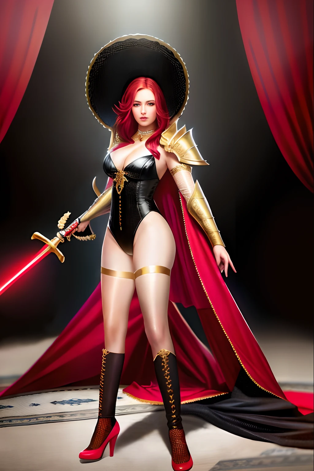 (8k, RAW photo, best quality, masterpiece:1.2), (realistic:1.3), (photorealistic:1.3), ultra-detailed, (high detailed skin:1.2), 8k uhd, dslr, soft lighting, high quality, film grain, Fujifilm XT3, best quality, beautiful lighting,
1girl, dragon horns, long hair, (red hair), messy hair, red eyes, tight dragon scale armor, large breasts, black gloves, flirt with camera, standing, royal room, red ball in background, long sword right hand,