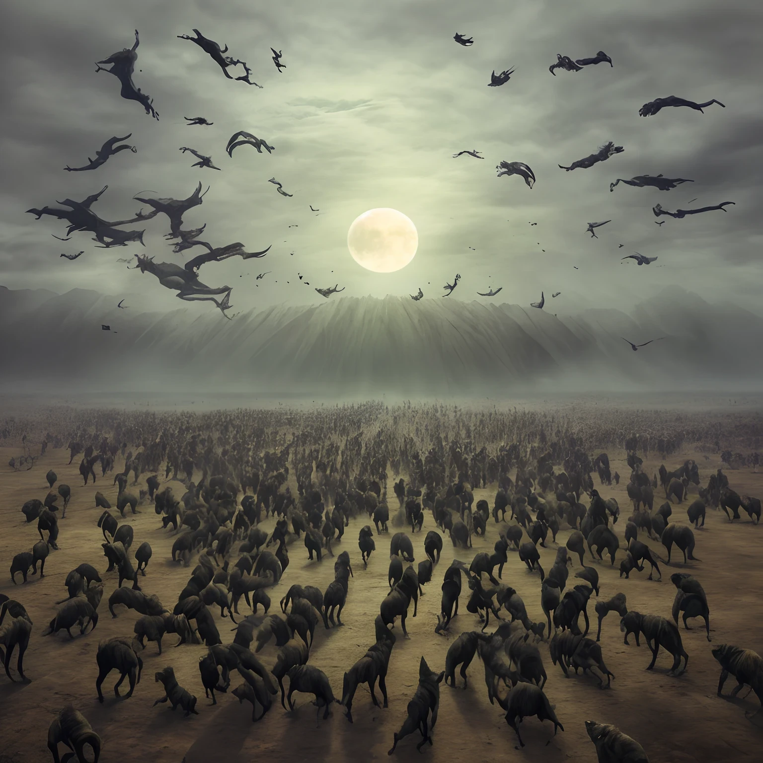 Hundreds of werewolfs standing on 2 feet on a flat plain