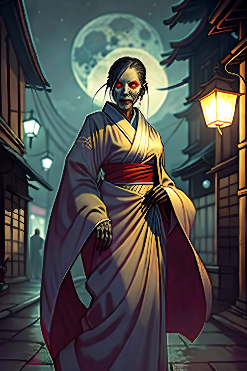 art horror by apterus, a vengeful japanese ghost, haunting a woman in torn kimono, in the streets of a traditional japanese village, night, moon lighting the scene, detailed background, apterus creepy anatomy