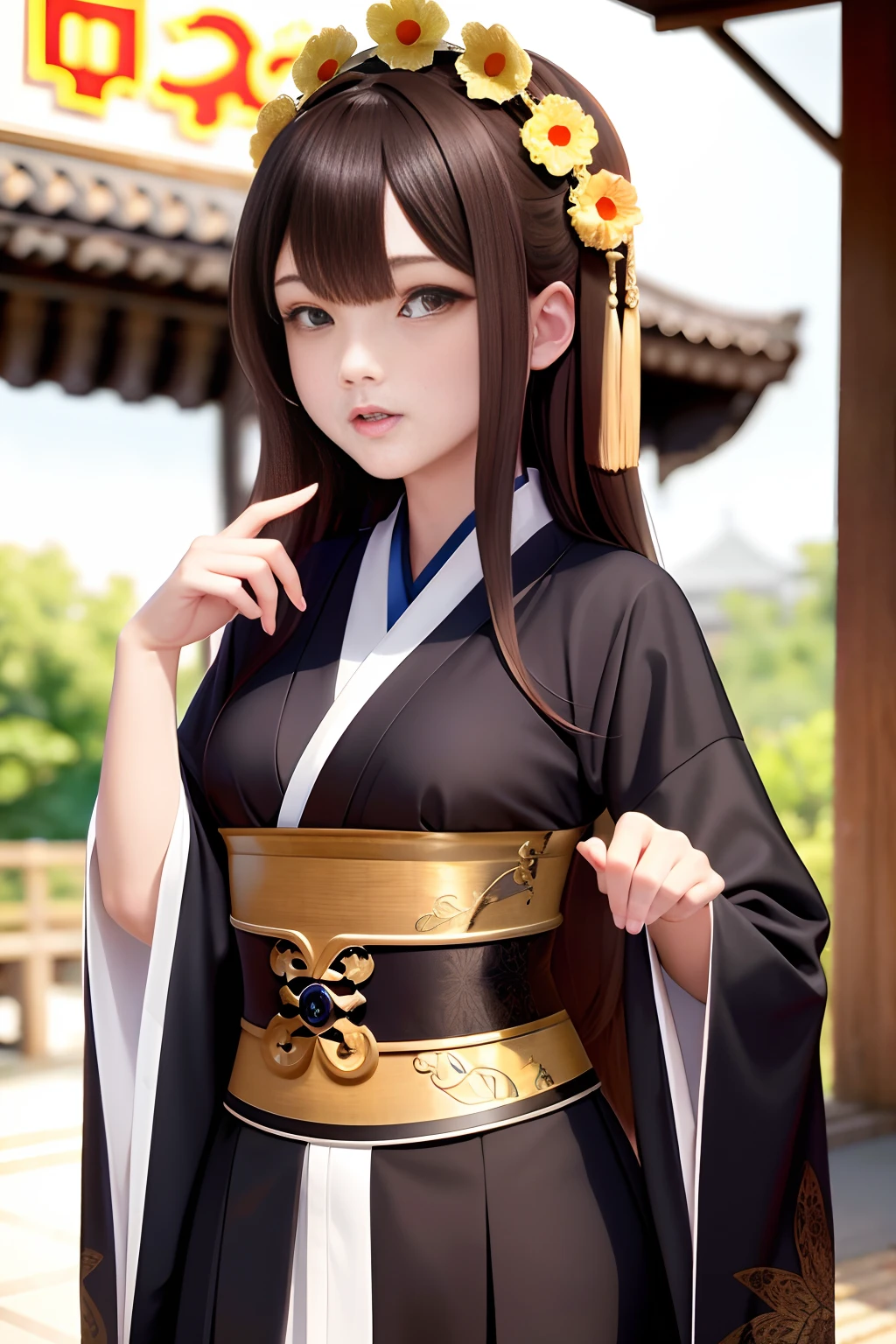 best quality, masterpiece,brown hair, brown eyes, upper body,beautiful detailed eyes,hanfu,medium_breasts,