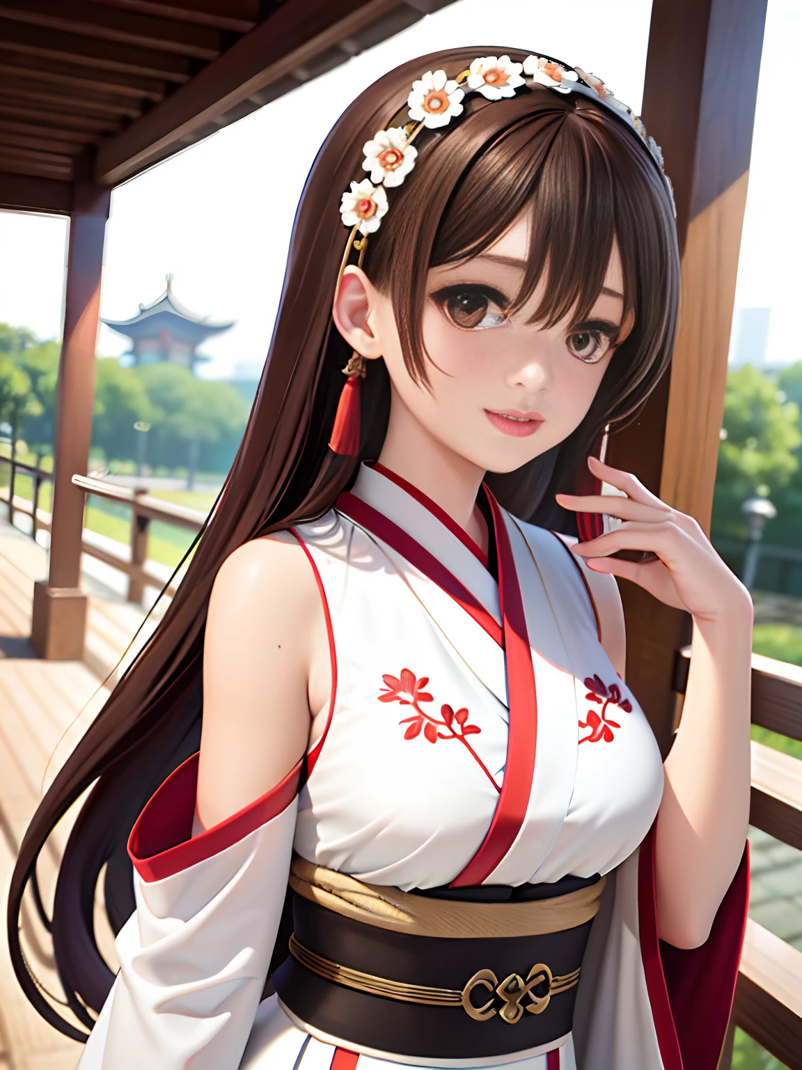 best quality, masterpiece,brown hair, brown eyes, upper body,beautiful detailed eyes,hanfu,medium_breasts,