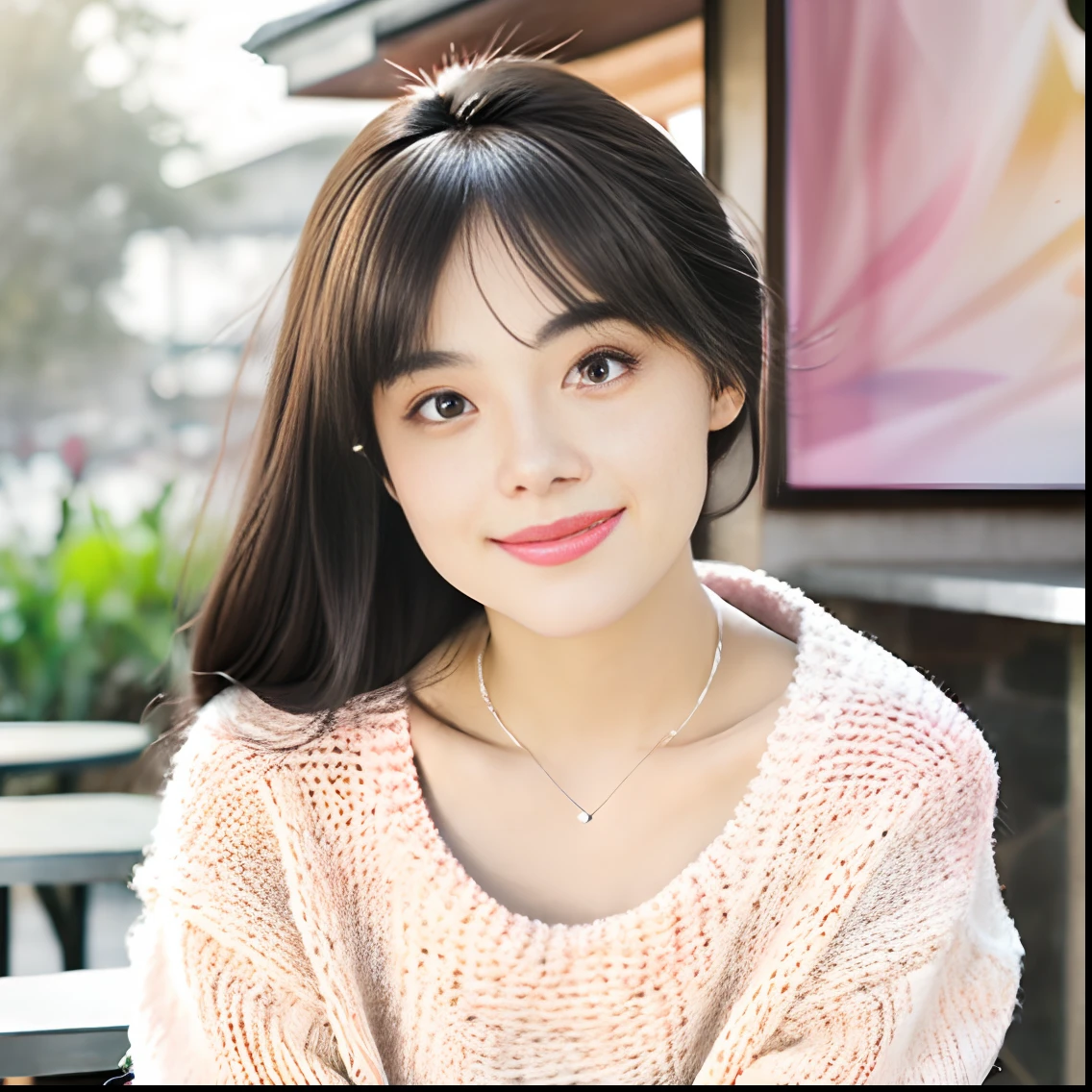 8k, high quality detail, hot summer, small fresh painting style, outdoors, a very beautiful mixed-race girl, waterfall, ((sitting at the bar)), beautiful face, lifelike eyes, deep eyes, detailed description of the face, (oval face), facial micro-expression, ((sweet smile)), dimples, long black hair, bangs, smooth and delicate skin, pink cheeks, Texture, seductive lips, bushy eyelashes, lancet eyebrows, gentle eyes, blush, toot mouth, medium deep, ((half empty shoulder lazy loose transparent and empty sweater, bottom sweater, shorts), (medium bust), middle, seven points, Beautiful slim figure, light and shade level, three-dimensional sense, perfect structure, ambient light, top shadow, fine light tracing, cg rendering, realistic, super realistic, very rich detail, super detail, master creation

 