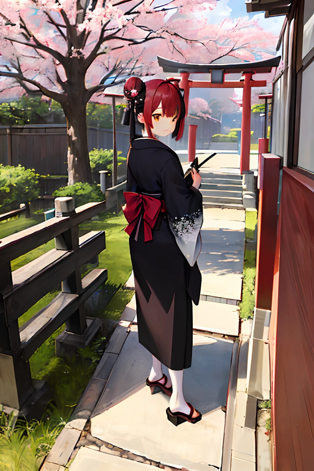 ((masterpiece,best quality)),2girls, black kimono, black legwear, black ribbon, black hair, cherry blossoms, day, flower, hair bun, hair ribbon, japanese clothes, kimono, long hair, looking at viewer, looking back, multiple girls, obi, outdoors, red eyes, red hair, ribbon, sandals, single hair bun, stairs, standing, statue, torii, tree, white kimono, yellow eyes