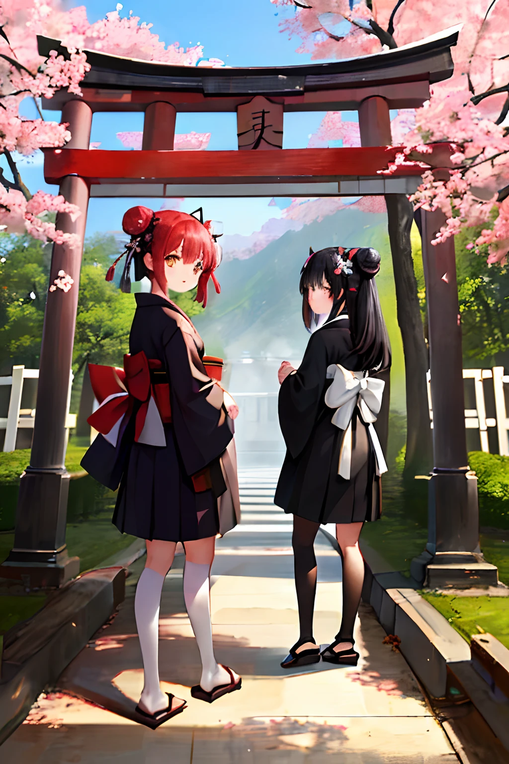 ((masterpiece,best quality)),2girls, black kimono, black legwear, black ribbon, black hair, cherry blossoms, day, flower, hair bun, hair ribbon, japanese clothes, kimono, long hair, looking at viewer, looking back, multiple girls, obi, outdoors, red eyes, red hair, ribbon, sandals, single hair bun, stairs, standing, statue, torii, tree, white kimono, yellow eyes