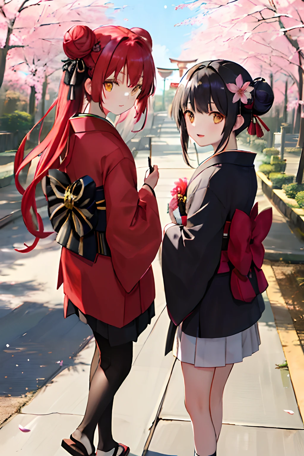 ((masterpiece,best quality)),2girls, black kimono, black legwear, black ribbon, black hair, cherry blossoms, day, flower, hair bun, hair ribbon, japanese clothes, kimono, long hair, looking at viewer, looking back, multiple girls, obi, outdoors, red eyes, red hair, ribbon, sandals, single hair bun, stairs, standing, statue, torii, tree, white kimono, yellow eyes