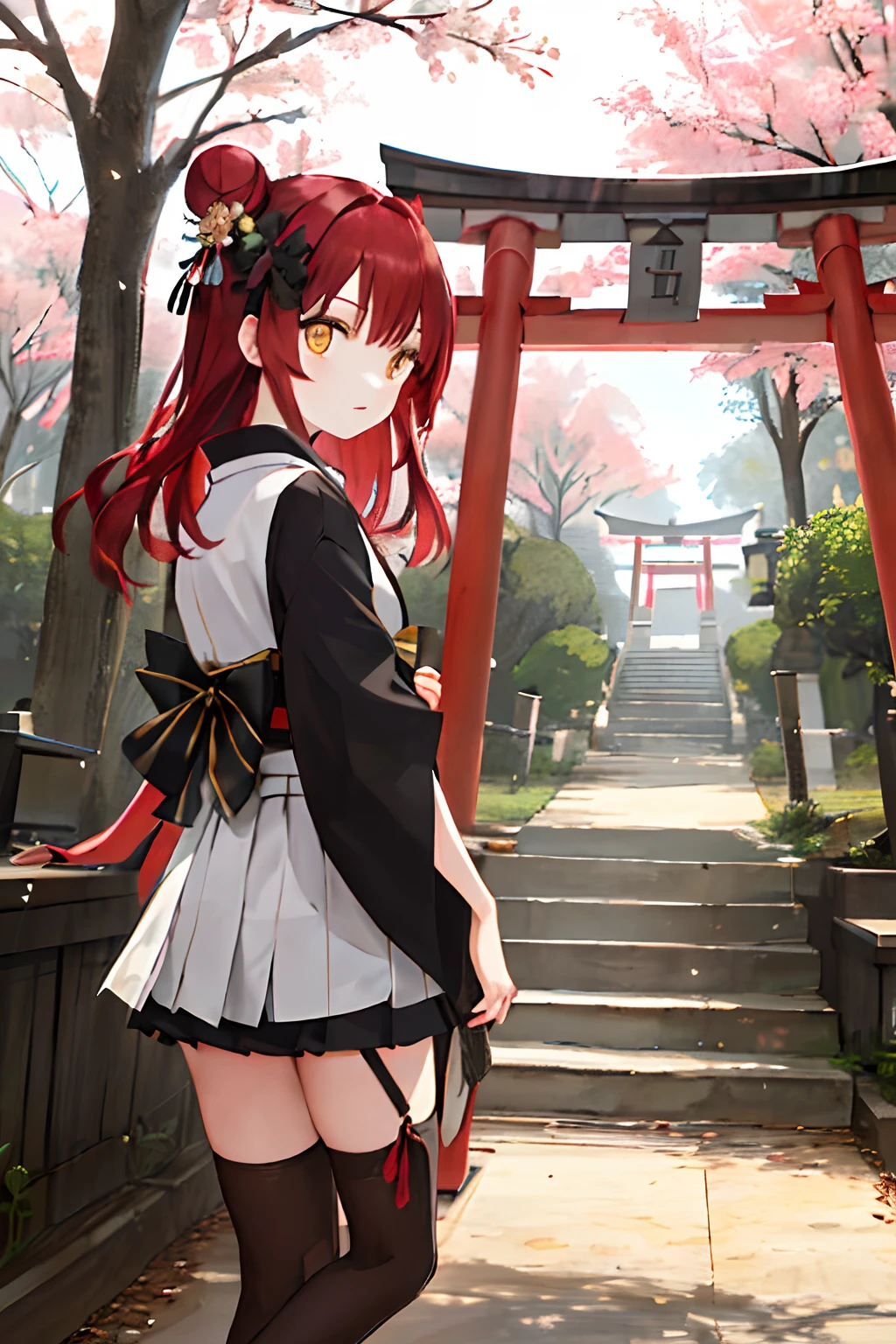 ((masterpiece,best quality)),2girls, black kimono, black legwear, black ribbon, black hair, cherry blossoms, day, flower, hair bun, hair ribbon, japanese clothes, kimono, long hair, looking at viewer, looking back, multiple girls, obi, outdoors, red eyes, red hair, ribbon, sandals, single hair bun, stairs, standing, statue, torii, tree, white kimono, yellow eyes