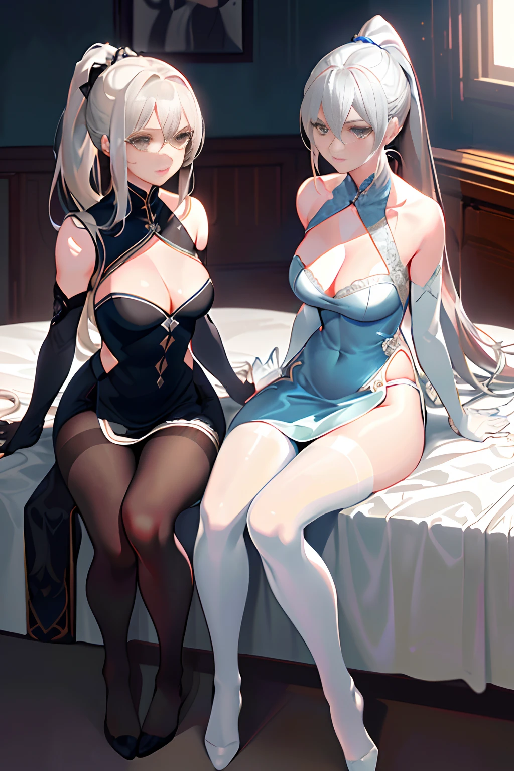 (((2 girls))),ray tracing, (dim light), [realistic] ((detailedbackground(bedroom))),(((silver hair)), (((A long disheveled silver-haired, busty yet slender girls with a high ponytail))) are  in the ominous bedroom, averting their blonde eyes, ((and the girls wear intricate embroidered blackhighslitcheongsams with pantyhose and whitefurtrimelbowgloves)), as the girls sitting in quite intimate contact each other to show off their delicate svelte figures and lissome curvaceous beauties,correct limbs
