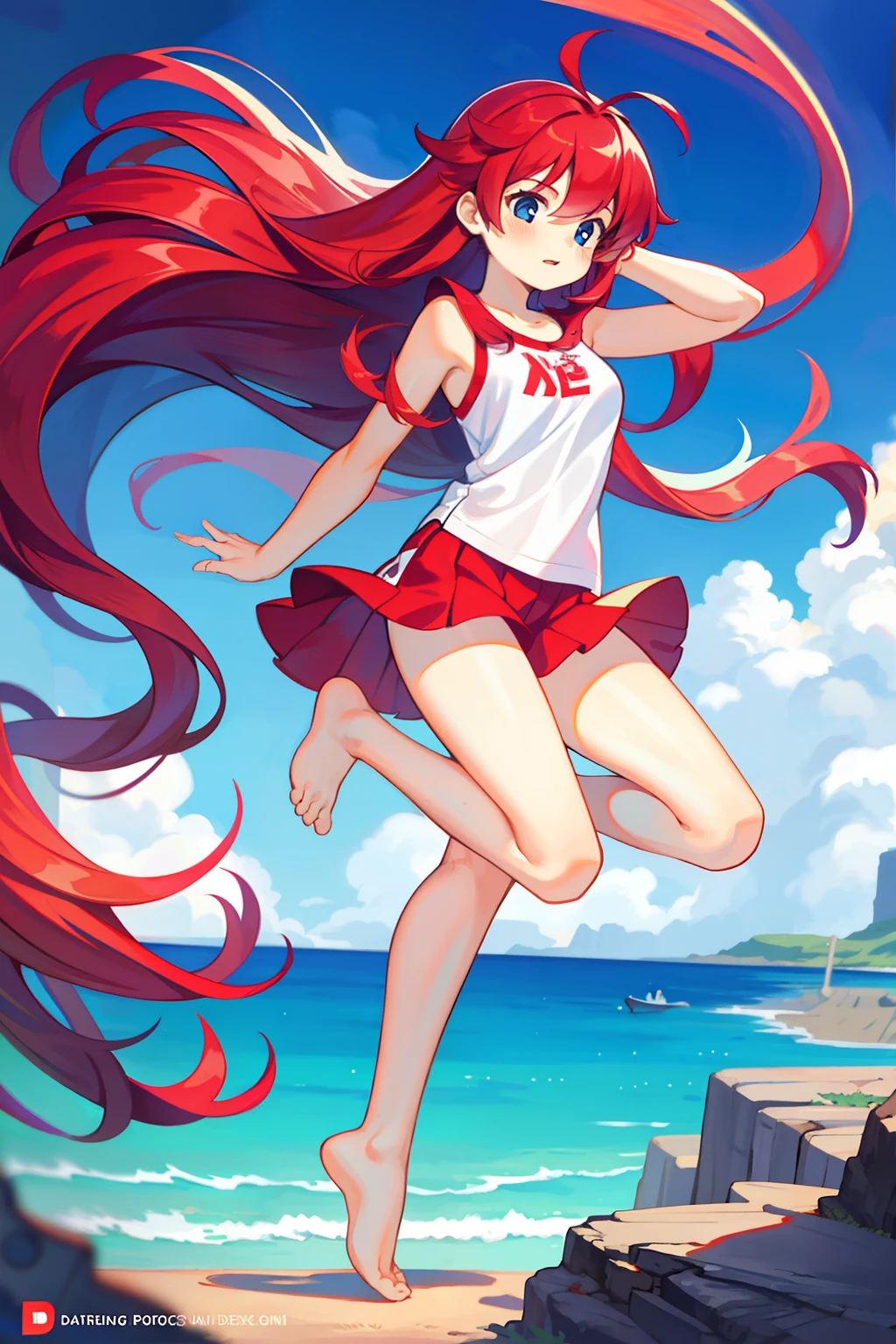 best quality,illustration,manuscript,1girl,studant,floating long hair,red hair,sexy,bottom view,full body,disney,loose shot,FHD,4K
