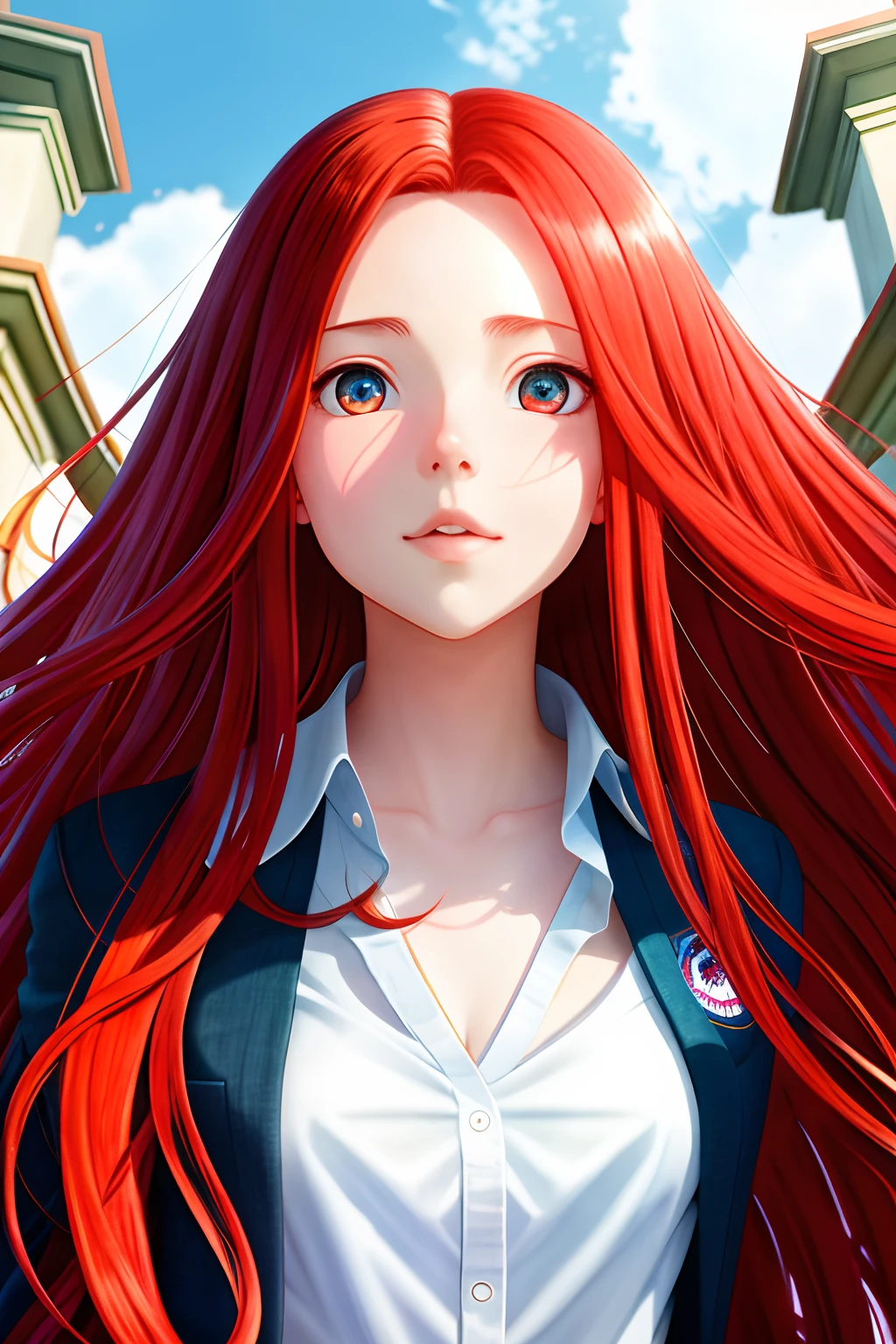 best quality,illustration,manuscript,1girl,student,at school gate,floating long hair,red hair,sexy,bottom view,full body,comic,anima,Cinematic shot,FHD,4K