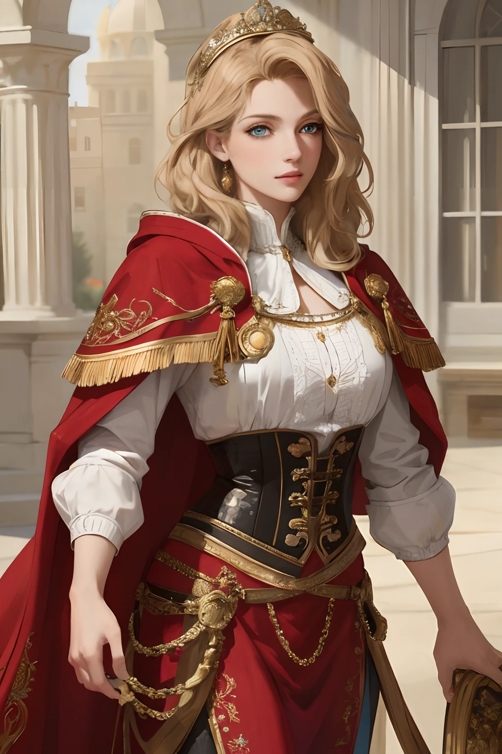(masterpiece:1.2, best quality), realistic, (real picture, intricate details, depth of field), Best quality, masterpiece, highly detailed, semi realistic, 1 girl, mature female, 21 years old, with short golden hair, left eye covered by hair, blue eyes, king's clothing, red cloak, slim figure