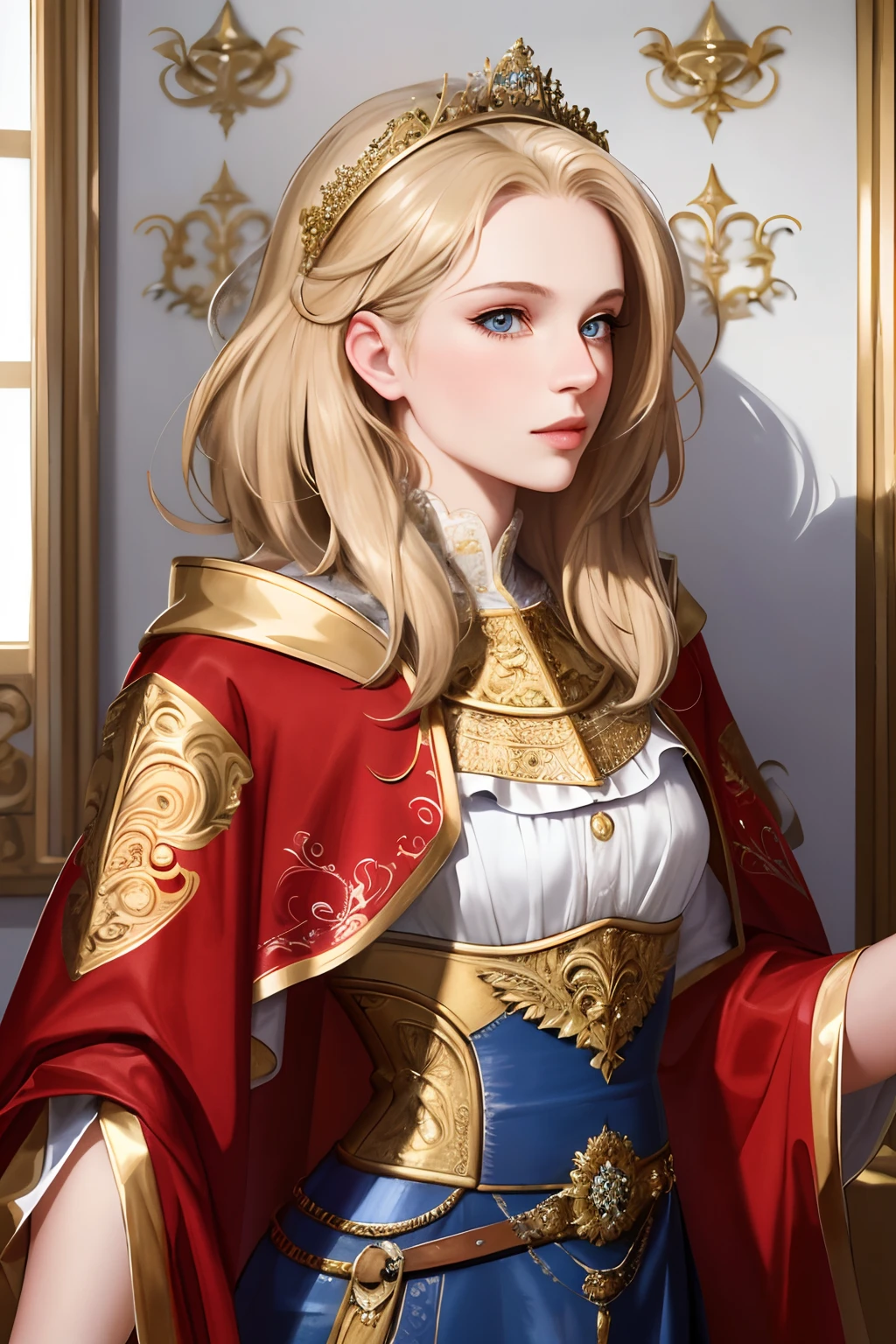 (masterpiece:1.2, best quality), realistic, (real picture, intricate details, depth of field), Best quality, masterpiece, highly detailed, semi realistic, 1 girl, mature female, 21 years old, with short golden hair, left eye covered by hair, blue eyes, king's clothing, red cloak, slim figure
