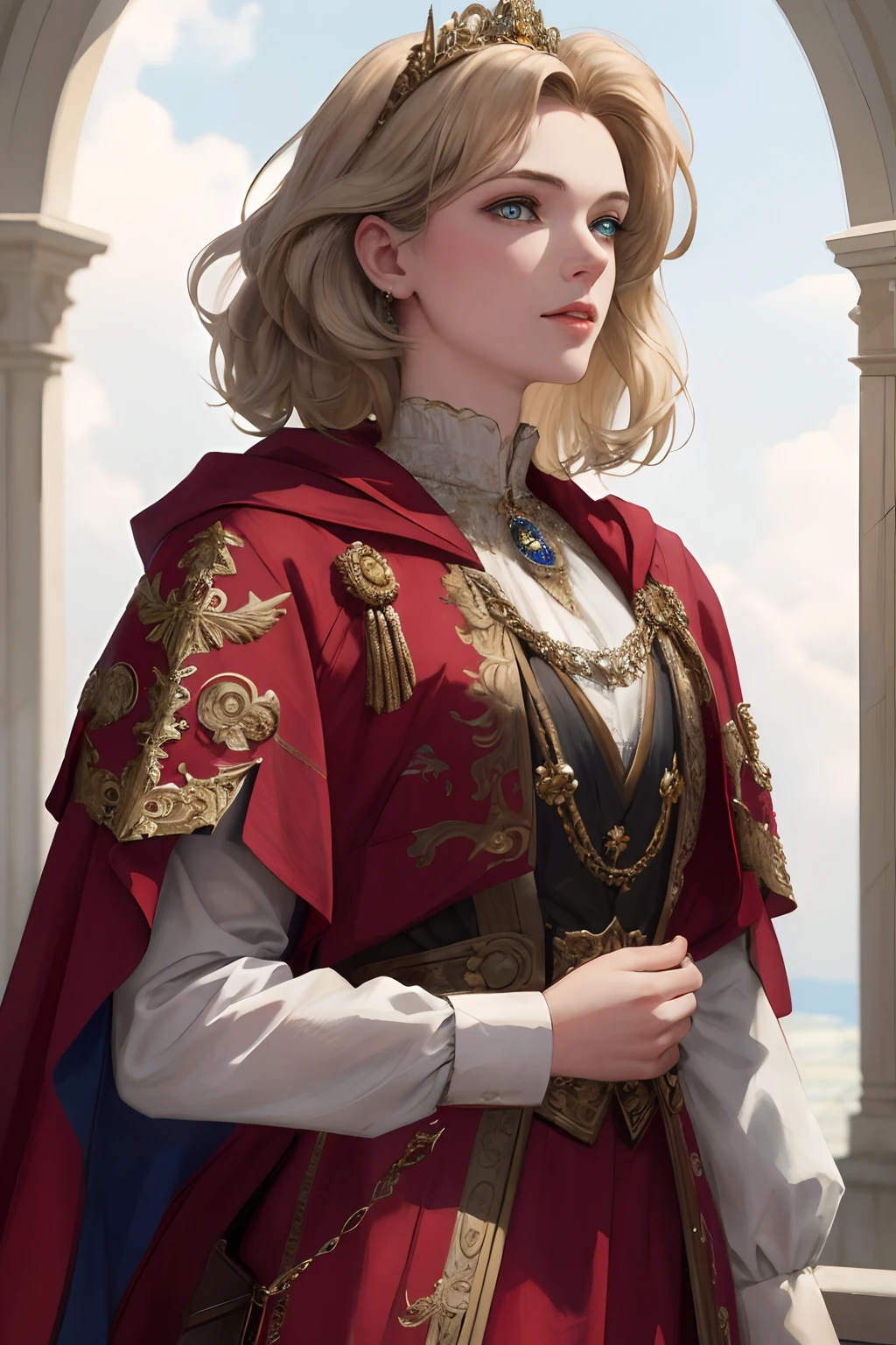 (masterpiece:1.2, best quality), realistic, (real picture, intricate details, depth of field), Best quality, masterpiece, highly detailed, semi realistic, 1 girl, mature female, 21 years old, with short golden hair, left eye covered by hair, blue eyes, king's clothing, red cloak, slim figure
