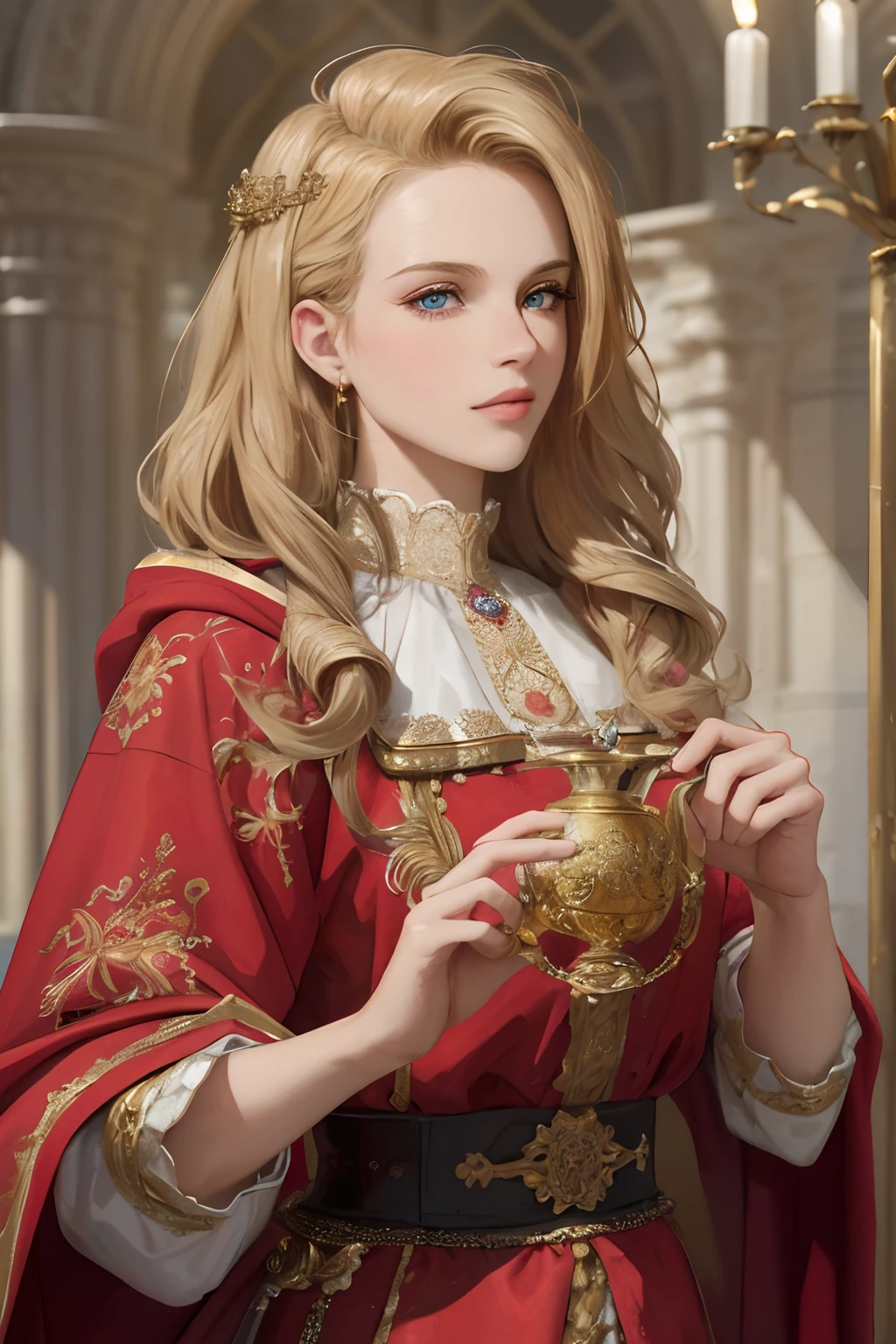 (masterpiece:1.2, best quality), realistic, (real picture, intricate details, depth of field), Best quality, masterpiece, highly detailed, semi realistic, 1 girl, mature female, 21 years old, with short golden hair, left eye covered by hair, blue eyes, king's clothing, red cloak, slim figure，Hair covering eyes
