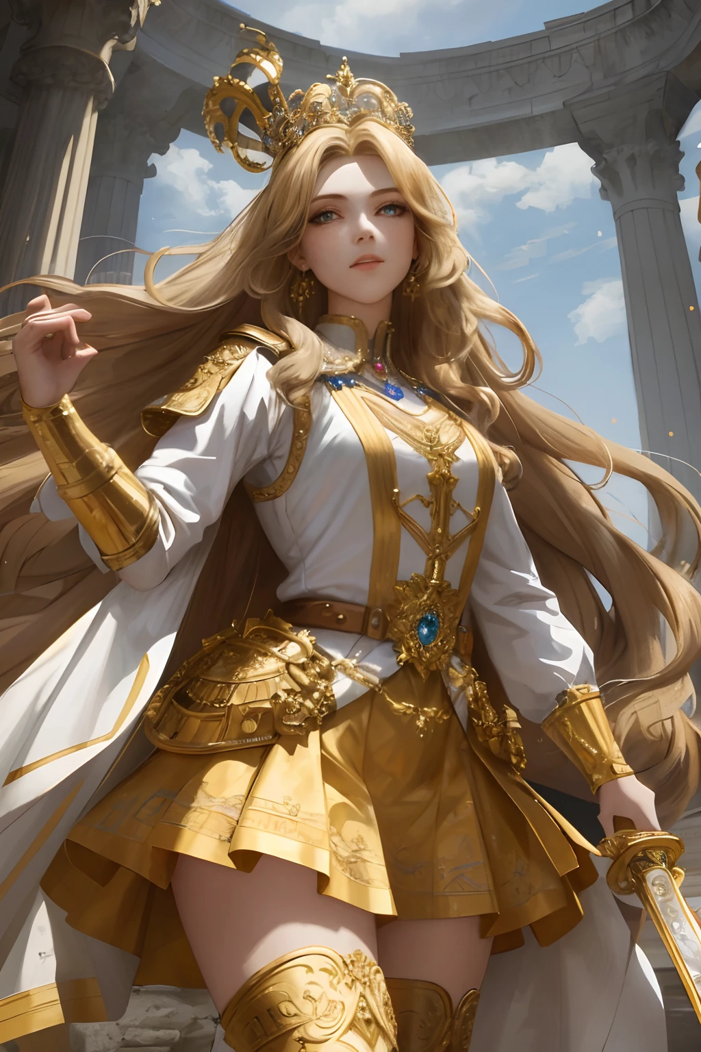 Best quality, masterpiece, highly detailed, semi realistic, 1 girl, young female, 19 years old, golden long hair, right eye covered by hair, blue right eye, jewelry crown, palace style white and gold short skirts, golden iron boots, slim figure, holding a sword in hand