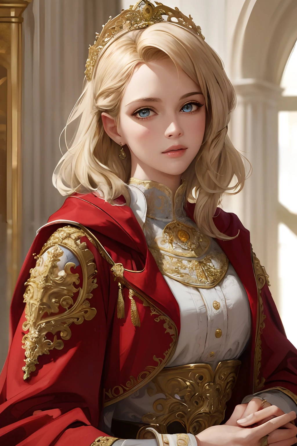 (masterpiece:1.2, best quality), realistic, (real picture, intricate details, depth of field), Best quality, masterpiece, highly detailed, semi realistic, 1 girl, mature female, 21 years old, with short golden hair, left eye covered by hair, blue eyes, king's clothing, red cloak, slim figure
