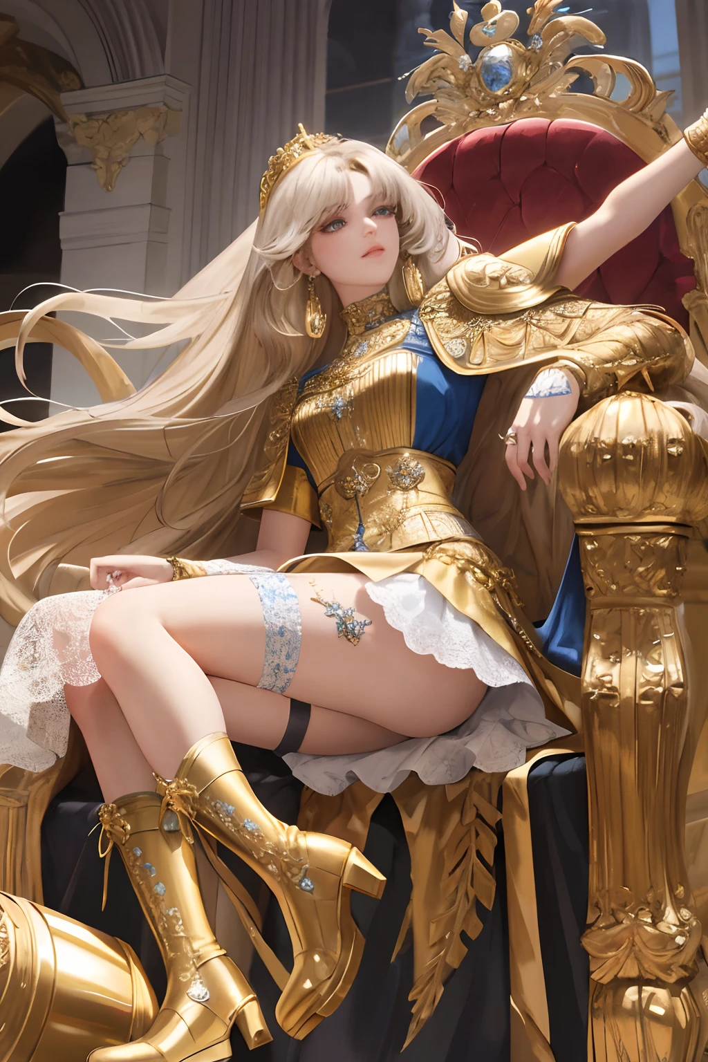 Best quality, masterpiece, highly detailed, semi realistic, 1 girl, young female, 19 years old, golden long hair, right eye covered by Bangs, blue right eye, jewelry crown, palace style white and gold short skirts, golden iron boots, slim figure, holding a long sword in hand