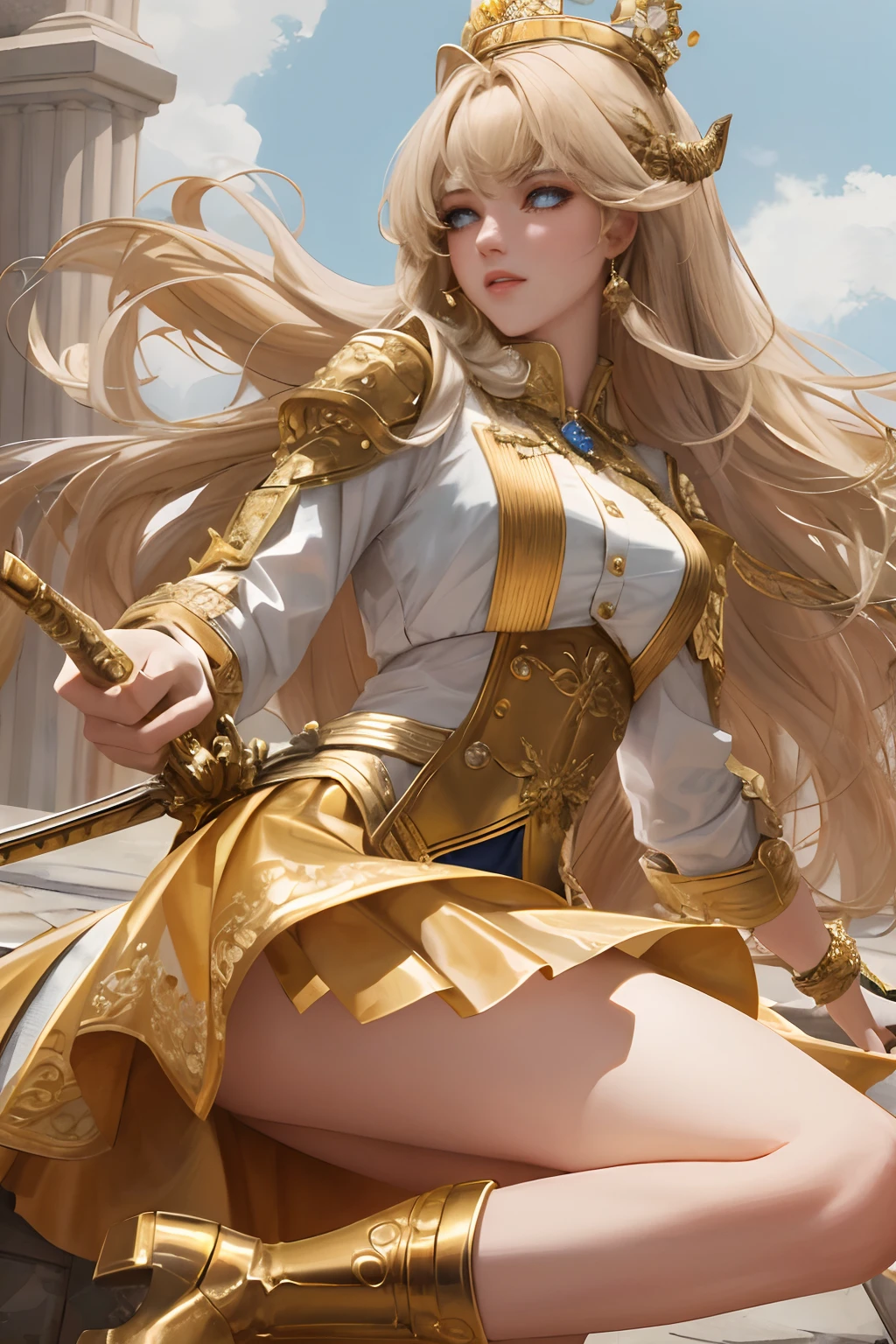 Best quality, masterpiece, highly detailed, semi realistic, 1 girl, young female, 19 years old, golden long hair, right eye covered by Bangs, blue right eye, jewelry crown, palace style white and gold short skirts, golden iron boots, slim figure, holding a sword, right eye covered by Bangs, right eye covered by Bangs