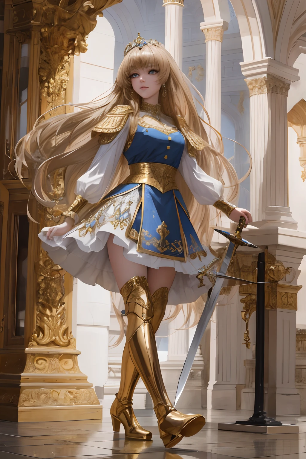 8k, best quality, masterpiece, highly detailed, semi realistic, 1 girl, young female, 19 years old, golden long hair, right eye covered by Bangs, blue right eye, jewelry crown, palace style white and gold short skirts, golden iron boots, slim figure, holding a sword, right eye covered by Bangs, right eye covered by Bangs