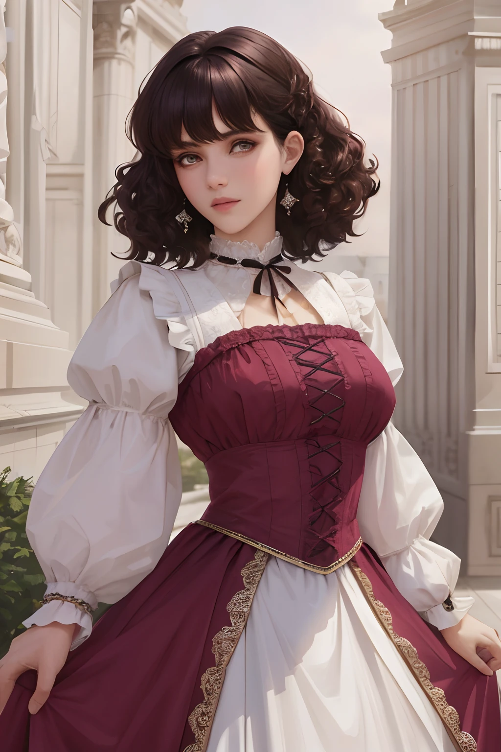 8k, best quality, masterpiece, highly detailed, semi realistic, 1 girl, young woman, 20 years old, dark brown short hair, curly hair, bangs, deep purple eyes, Lolita style, court top long dress, puffy skirt, slim figure, no headwear