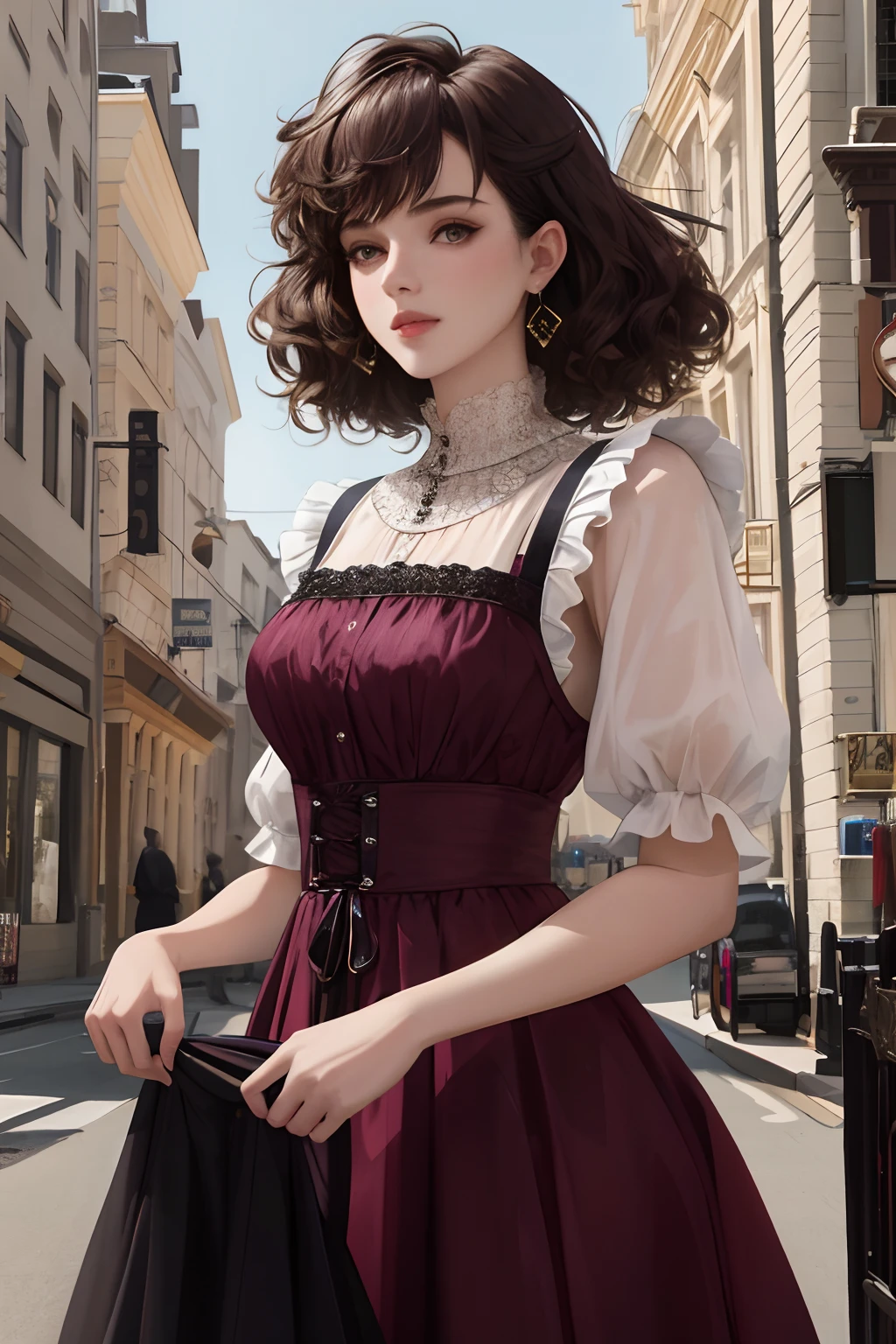 8k, best quality, masterpiece, highly detailed, semi realistic, 1 girl, young woman, 20 years old, dark brown short hair, curly hair, bangs, deep purple eyes, Lolita style, court top long dress, puffy skirt, slim figure, no headwear