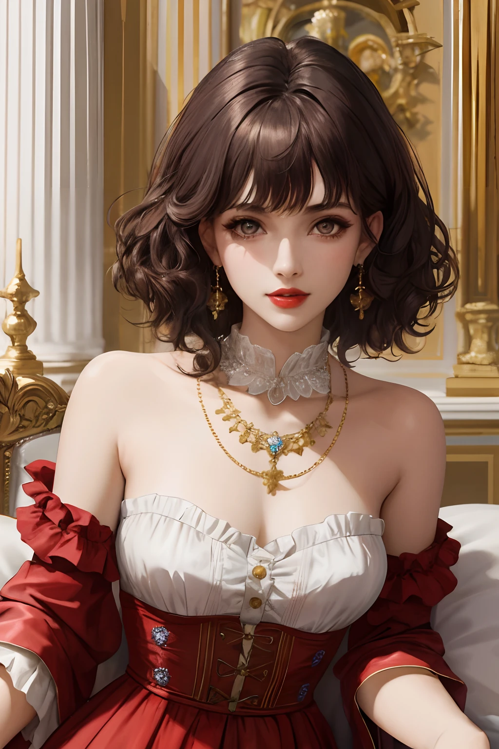 8k, best quality, masterpiece, highly detailed, semi realistic, 1 girl, young female, 20 years old, dark brown short hair, curly hair, bangs, deep purple eyes, red lips, gorgeous palace style Baroque style long dress, topless dress, cross tie vest, bare shoulders, arm sleeves, golden gemstone necklace, slim figure, no headwear