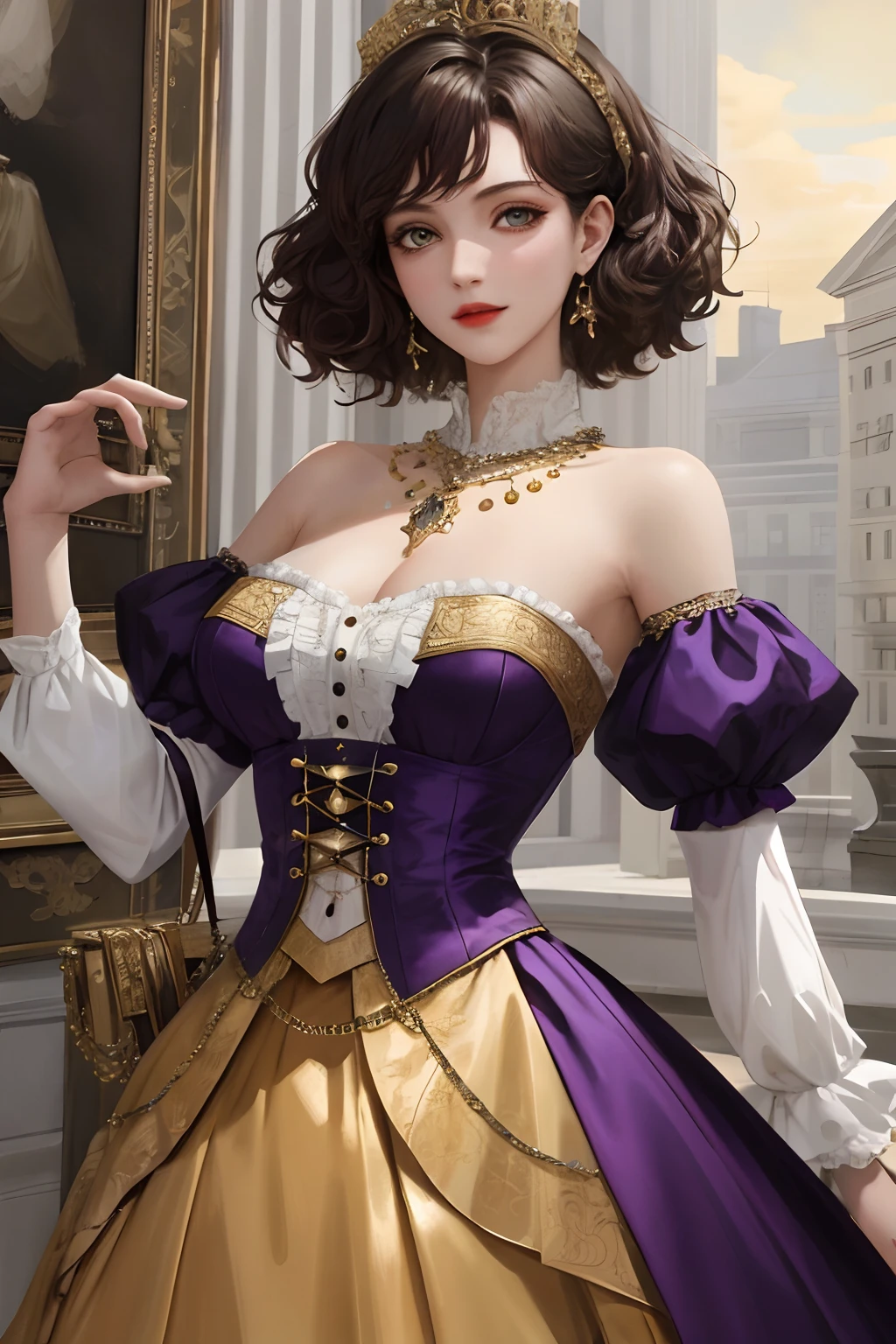 8k, best quality, masterpiece, highly detailed, semi realistic, a girl, young female, 20 years old, dark brown short hair, curly hair, banks, dark purple eyes, red lips, gorgeous Rococo style court dress, strapless skirt, cross tie vest, bare shoulders, arm puffy sleeves, gold gem necklace, slim figure, silver crown, cool expression