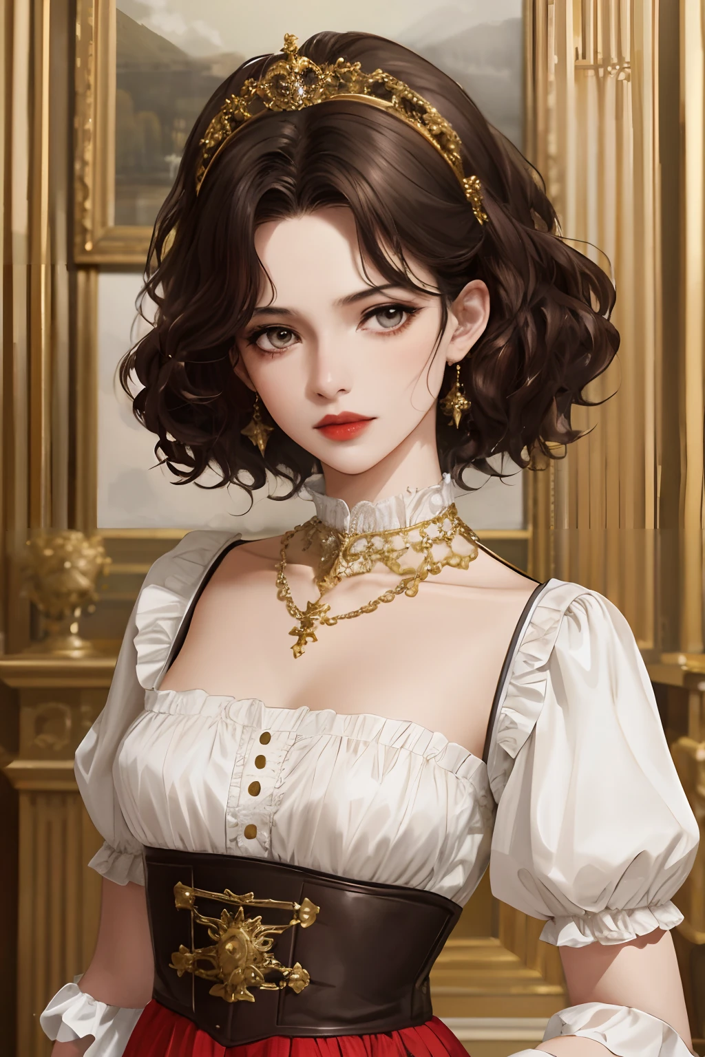 8k, best quality, masterpiece, highly detailed, semi realistic, a girl, young woman, 20 years old, dark brown short hair, curly hair, banks, dark purple eyes, red lips, gorgeous Rococo style court dress, strapless skirt, cross tie vest, bare shoulders, arm puffy sleeves, gold gem necklace, slim figure, silver crown, cold expression, unhappy, whole body