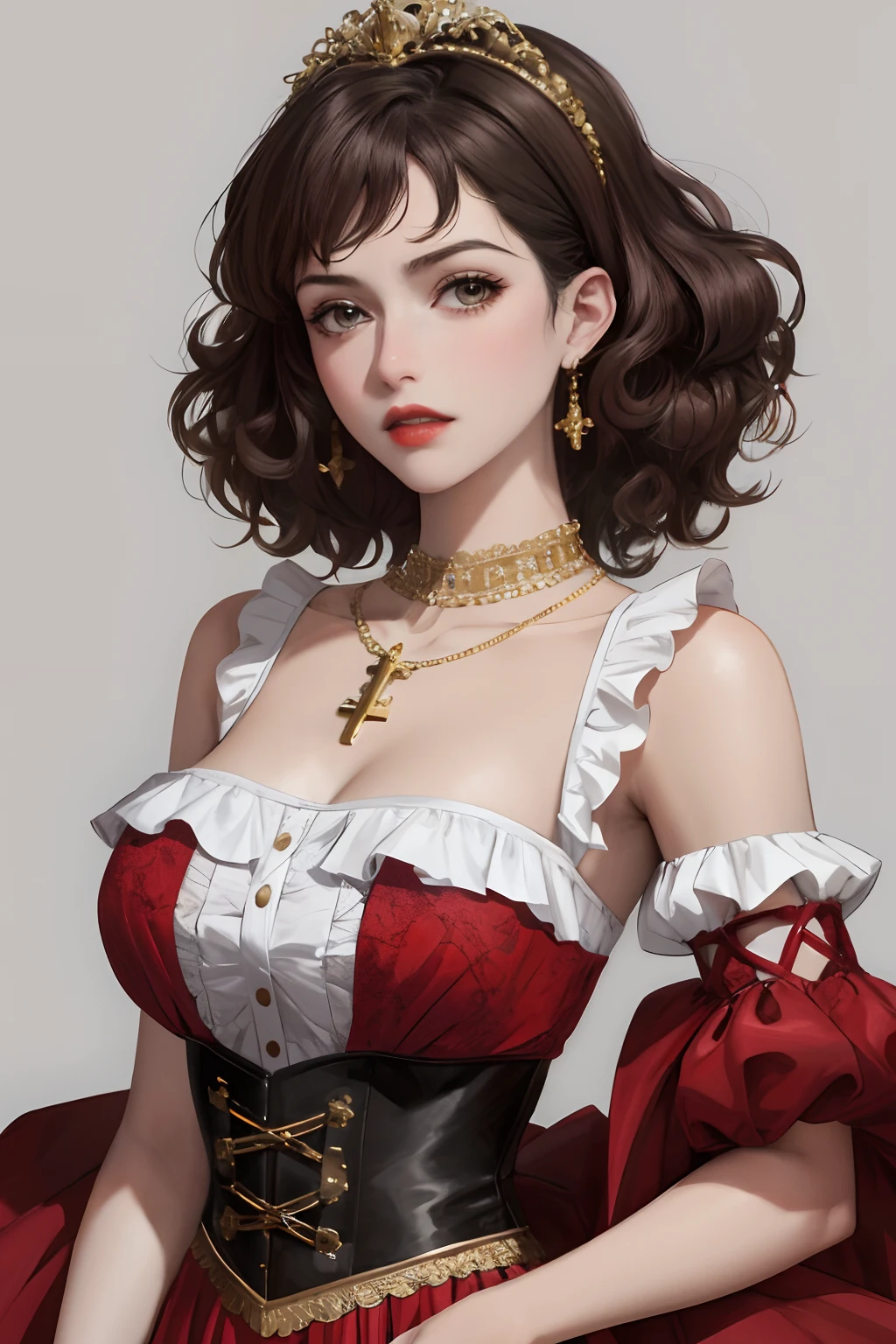 8k, best quality, masterpiece, highly detailed, semi realistic, a girl, young woman, 20 years old, dark brown short hair, curly hair, banks, dark purple eyes, red lips, gorgeous Rococo style court dress, strapless skirt, cross tie vest, bare shoulders, arm puffy sleeves, gold gem necklace, slim figure, silver crown, cold expression, unhappy, whole body