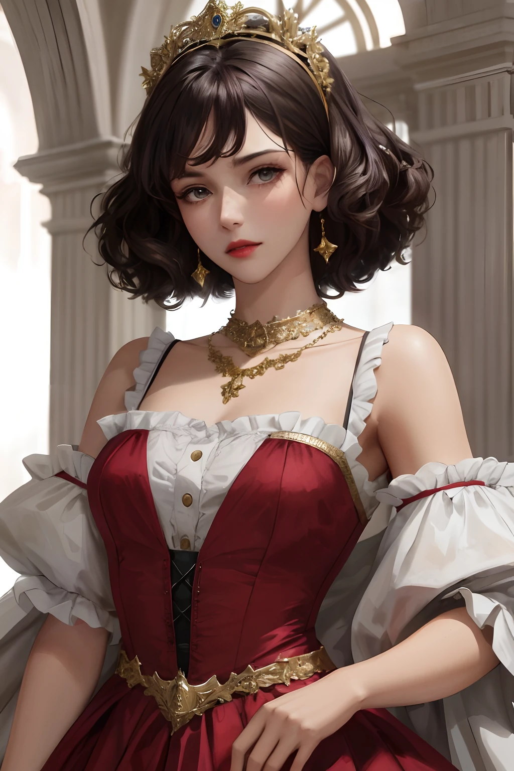 8k, best quality, masterpiece, highly detailed, semi realistic, a girl, young woman, 20 years old, dark brown short hair, curly hair, banks, dark purple eyes, red lips, gorgeous Rococo style court dress, strapless skirt, cross tie vest, bare shoulders, arm puffy sleeves, gold gem necklace, slim figure, silver crown, cold expression, unhappy, whole body