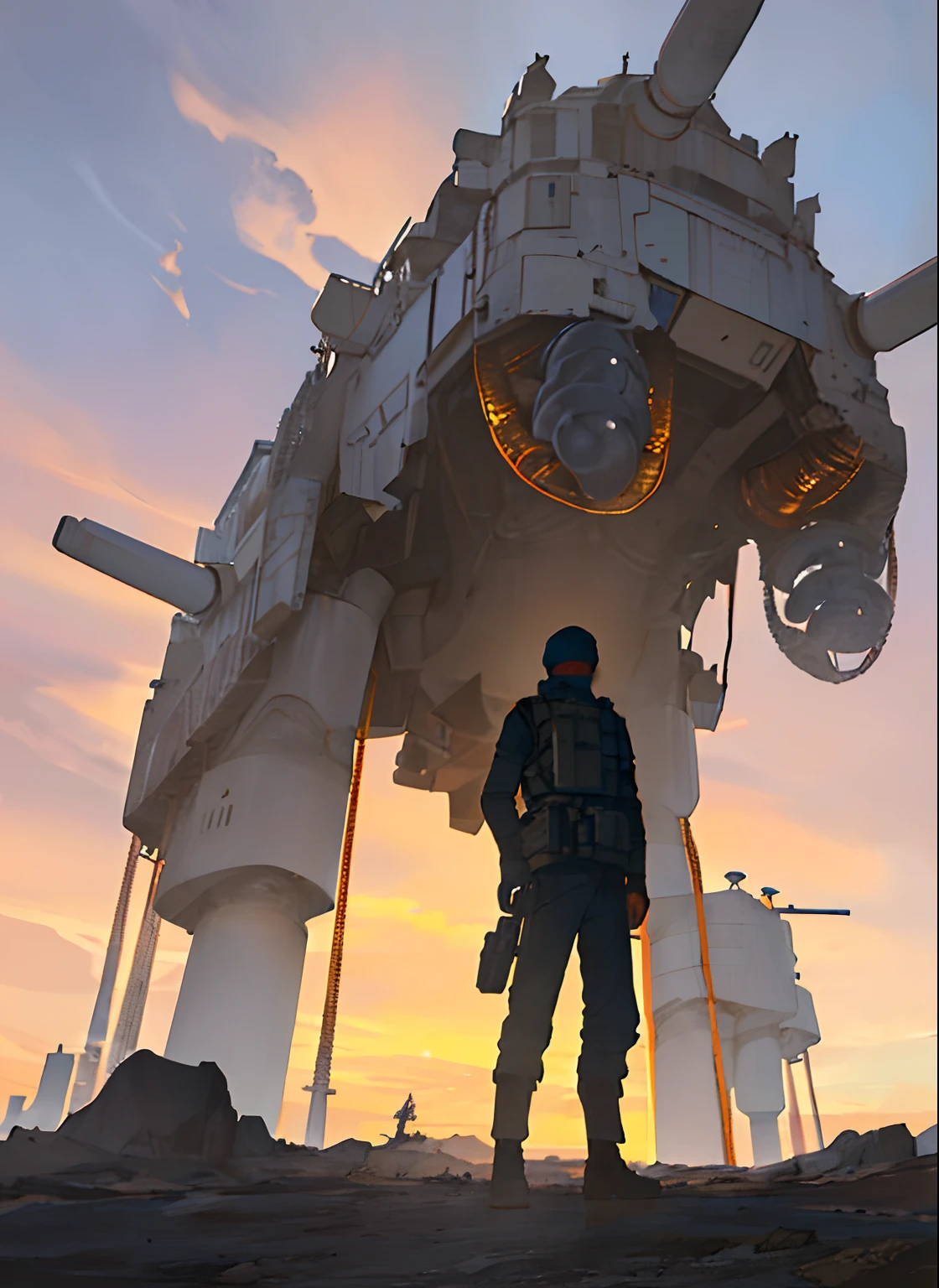 A lonely figure stood alone on a strange alien planet, with a distant military base towering above him, complete with towering structures and shimmering technology that created a daunting spectacle. A massive planet loomed in the sky above, surrounded by countless small ships shuttling back and forth. In the distance, the grandeur and vastness of the entire star system was laid bare, showcasing the insignificance and helplessness of humanity. Despite this, the lone figure remained steadfast and courageous, gazing forward with determination as he pressed on toward his goal， in night