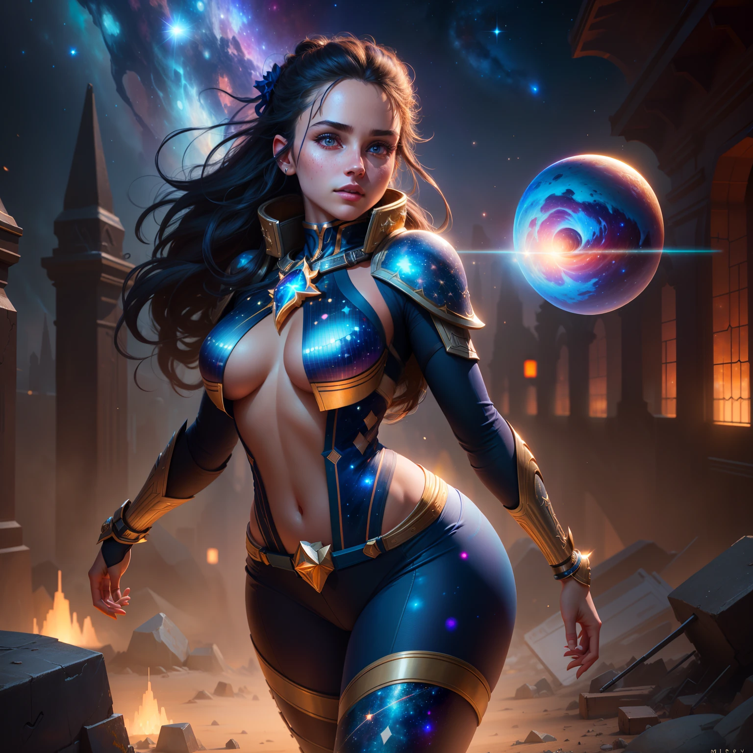 Highly detailed RAW color Photo, beautiful young girl, dynamic pose, (wide hips), (detailed skin), (detailed lips), (detailed eyes), (cosmic:1.4), (necropolis:1.1), (Sci-Fi setting) (detailed face), (curvy), detailed eyes, chromatic aberration, depth of field, soft lighting, masterpiece, best quality, intricate, (lens flare:0.7), (bloom:0.7), particle effects, raytracing, tone mapped, highly detailed, concept art, smooth, sharp focus, dramatic lighting, highly detailed artwork, cinematic, hyper realistic painting, trending on Artstation, 8K, incredible shadows, realistic, (highly detailed background:1.2), art by midjourney