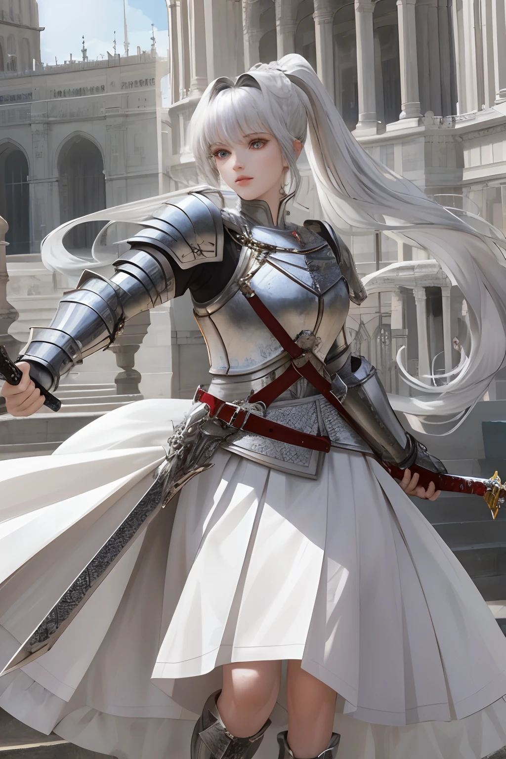 8k, best quality, masterpiece, highly detailed, semi realistic, 1 girl, mature female, 20 years old, silver white long hair, high ponytail, bangs, red pupils, silver white armor, white fluffy skirt, silver iron boots, wielding sword, knight style, Palace, Bright