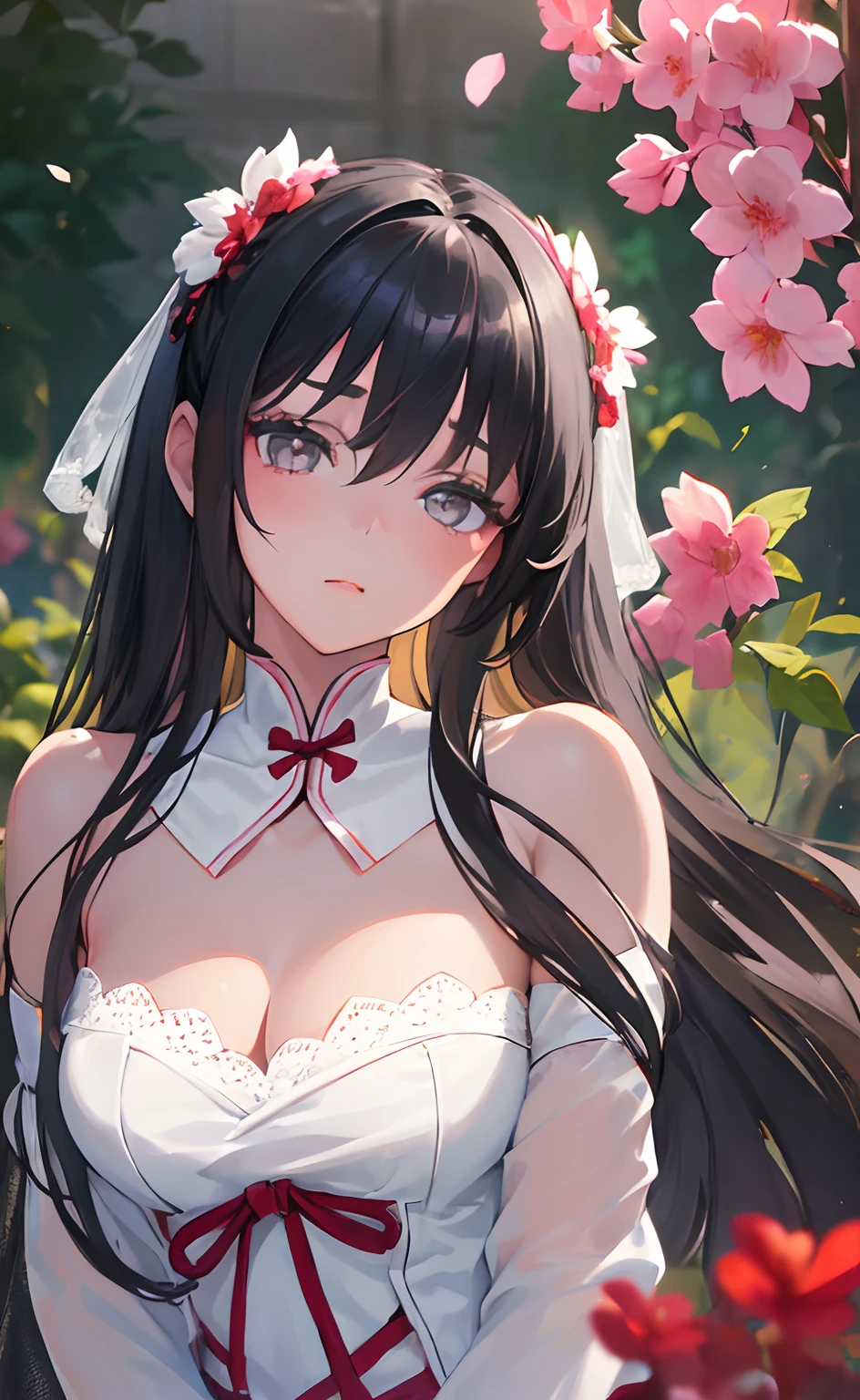 ( girl:1.5),lace,ribbon,hanfu,(masterpiece, sidelighting, finely detailed beautiful gray eyes: 1.2), masterpiece, realistic, glowing eyes,shiny hair,black hair,long long hair, lustrous skin, solo, embarassed,Strapless,exquisite,beautifly,garden,flowers,flying petals,