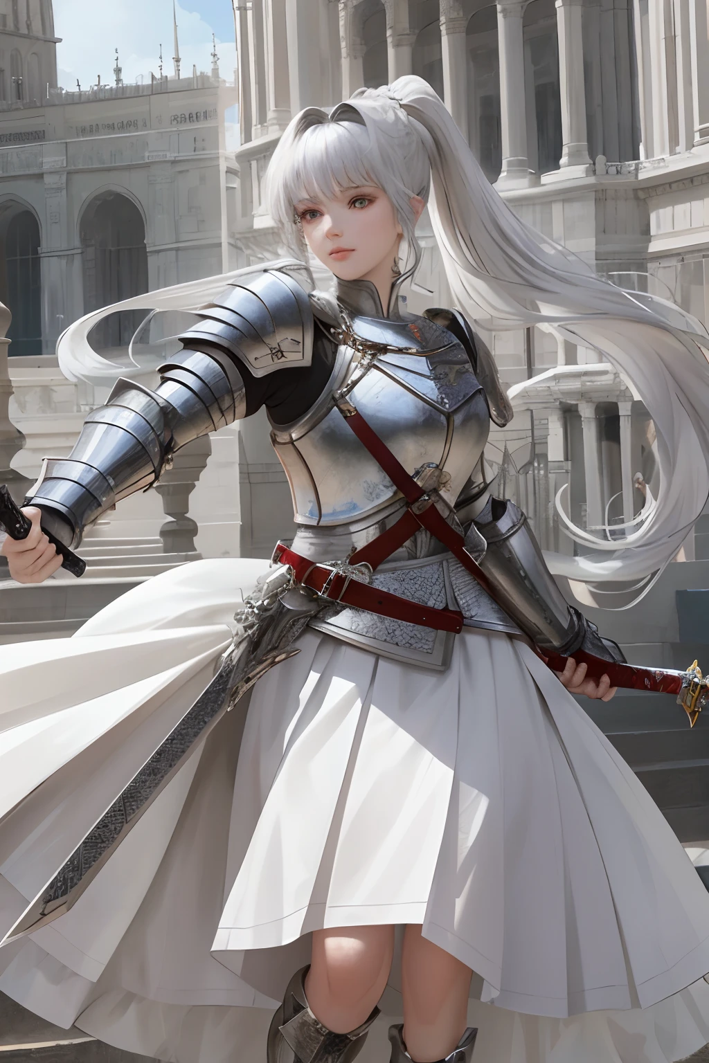 8k, best quality, masterpiece, highly detailed, semi realistic, 1 girl, mature female, 20 years old, silver white long hair, high ponytail, bangs, red pupils, silver white armor, white fluffy skirt, silver iron boots, wielding sword, knight style, Palace, Bright