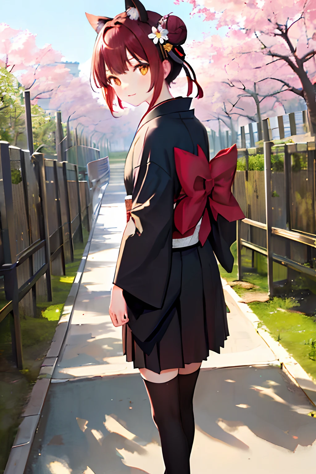 ((masterpiece,best quality)),1girls, black kimono, black legwear, black ribbon, black hair, cherry blossoms, day, flower, hair bun, hair ribbon, japanese clothes, kimono, long hair, looking at viewer, looking back, multiple girls, obi, outdoors, red eyes, red hair, ribbon, sandals, single hair bun, stairs, standing, statue, torii, tree, white kimono, yellow eyes