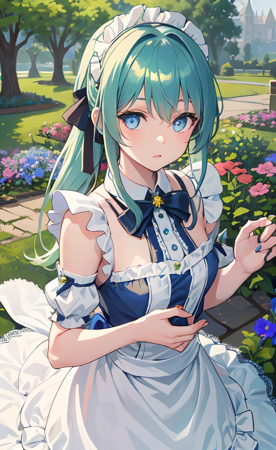 ( girl: 1.5), lace, ribbon, maid outfit, (masterpiece, sidelight, fine beautiful blue eyes: 1.2), masterpiece, realistic, glowing eyes, shiny hair, blue-green hair, long double ponytail, shiny skin, solo, awkward, strapless, delicate, beautiful, garden, flower, flying petals,